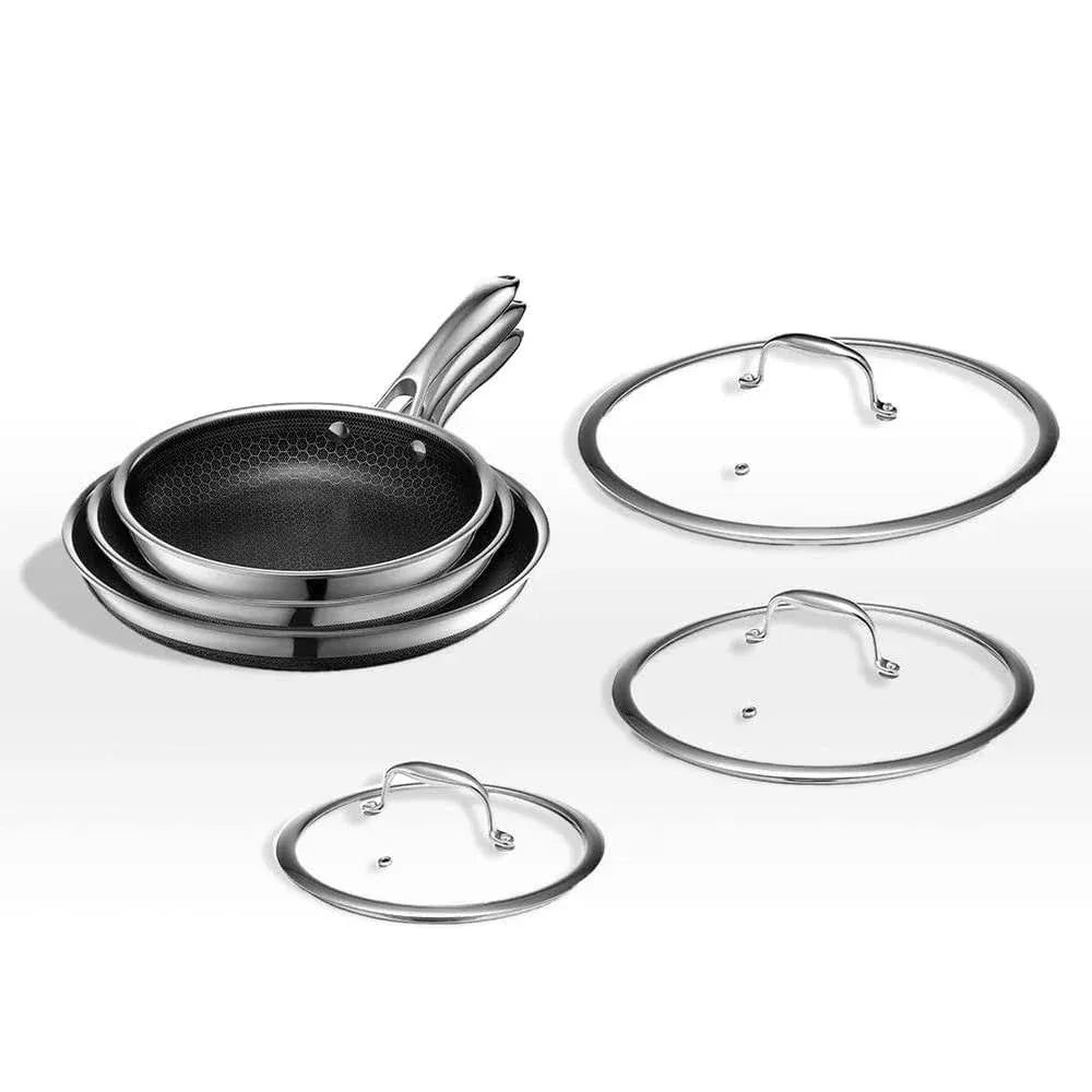 ZenVora 6-Piece Hybrid Stainless Steel Pan Set with Glass Lids, 8-Inch, 10-Inch and 12-Inch, Black