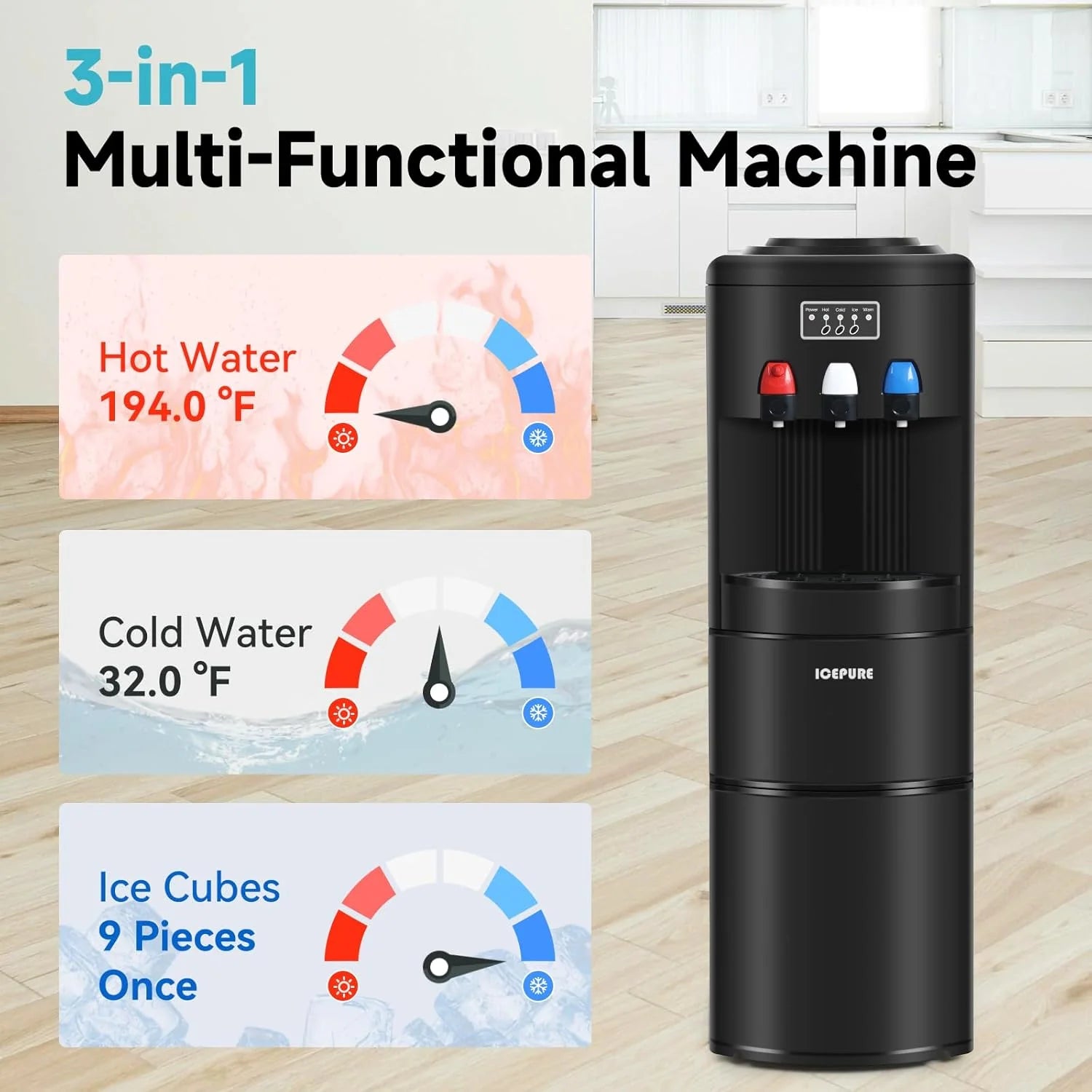 ZenVora 3-in-1 Hot & Cold Water Cooler with Built-in Ice Maker – Top Loading for 3-5 Gallon Bottles, Child Safety Lock, Black