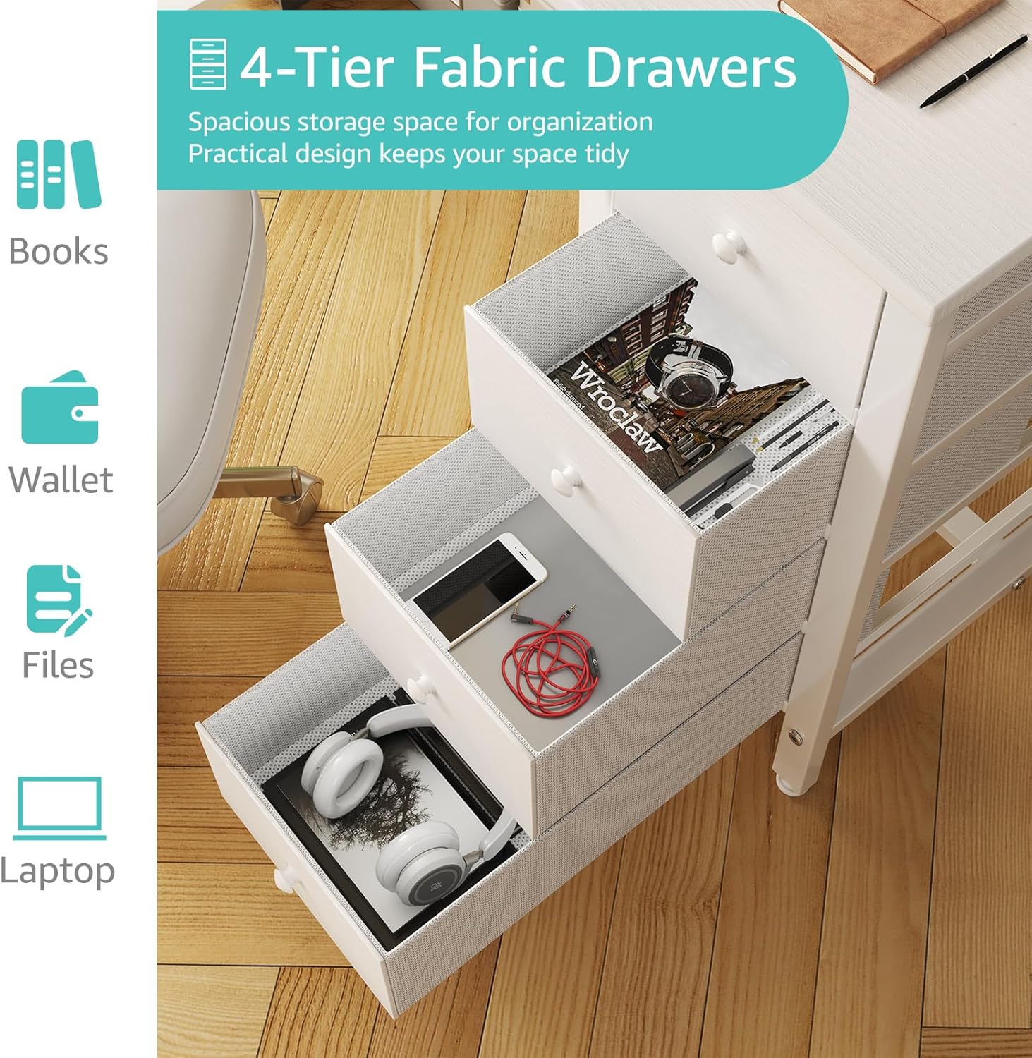 ZenVora 40 Inch Small White Desk with Fabric Drawers, Compact Computer Writing Desk for Home Office, Bedroom and Study