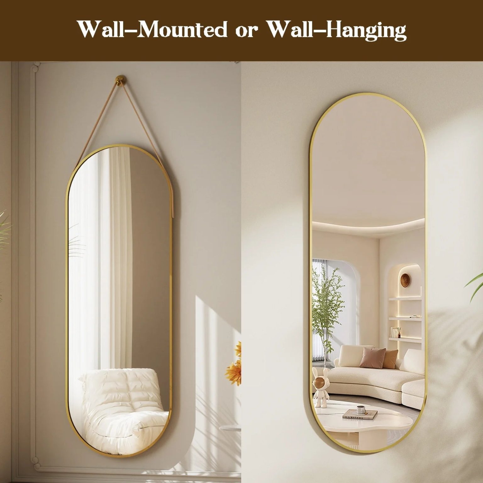 ZenVora 48 x 16 Inch Full Length Wall Mirror with Leather Strap, Hanging Full Body Mirror for Bedroom, Entryway and Home Decor
