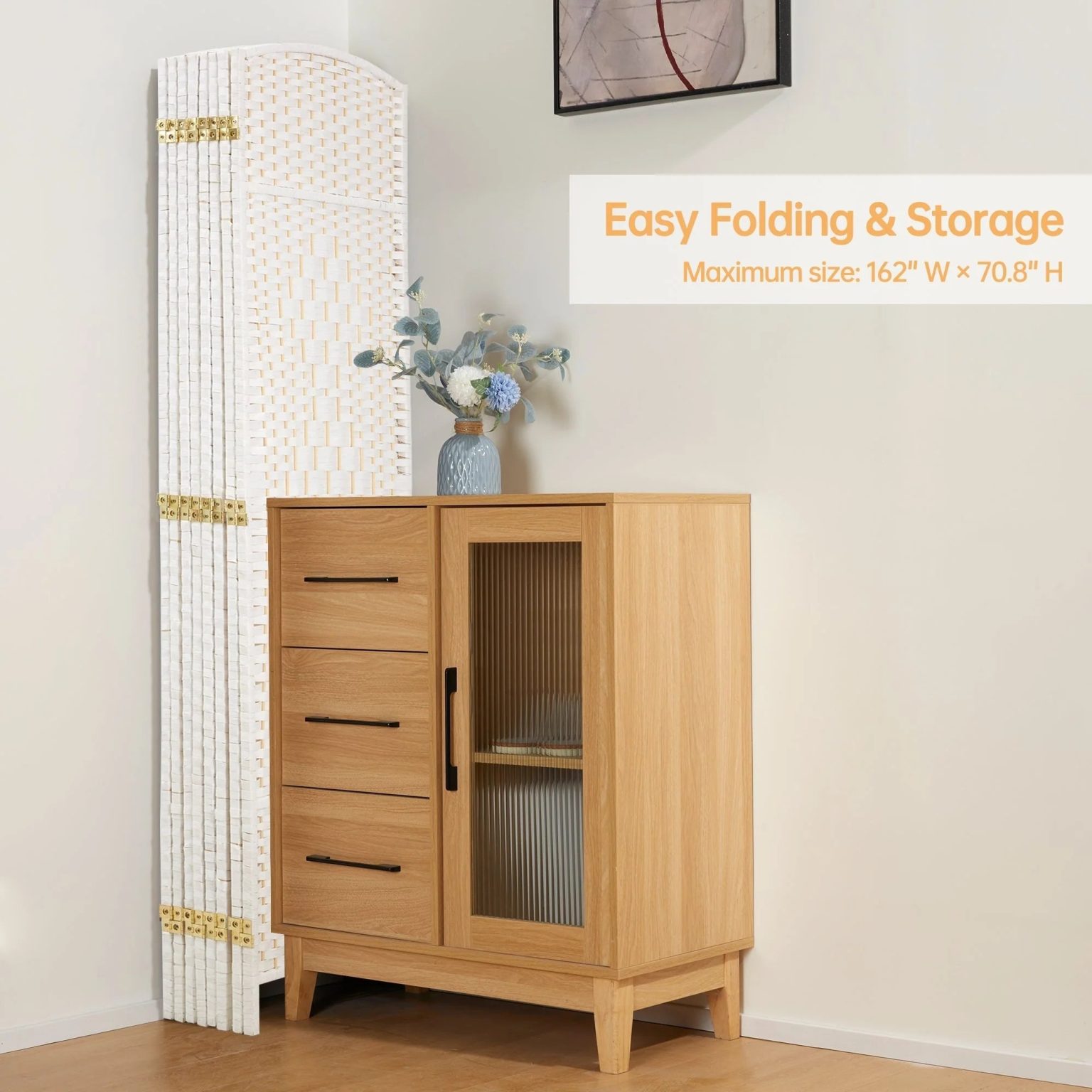 ZenVora 6 FT Tall Woven Fiber Room Divider, Freestanding Folding Privacy Screen
