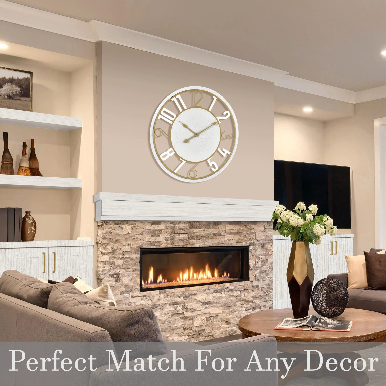 ZenVora 24 Inch Round Wooden Wall Clock, Modern Analog Clock with Numeral Design, Battery Operated