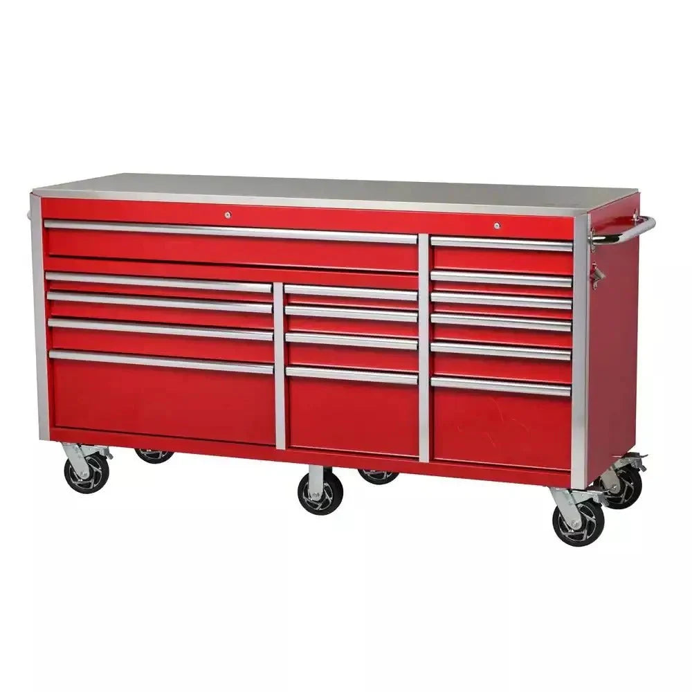 ZenVora 72-Inch W x 24-Inch D 15-Drawer Mobile Workbench with Stainless Steel Top and Dual Locks, Red