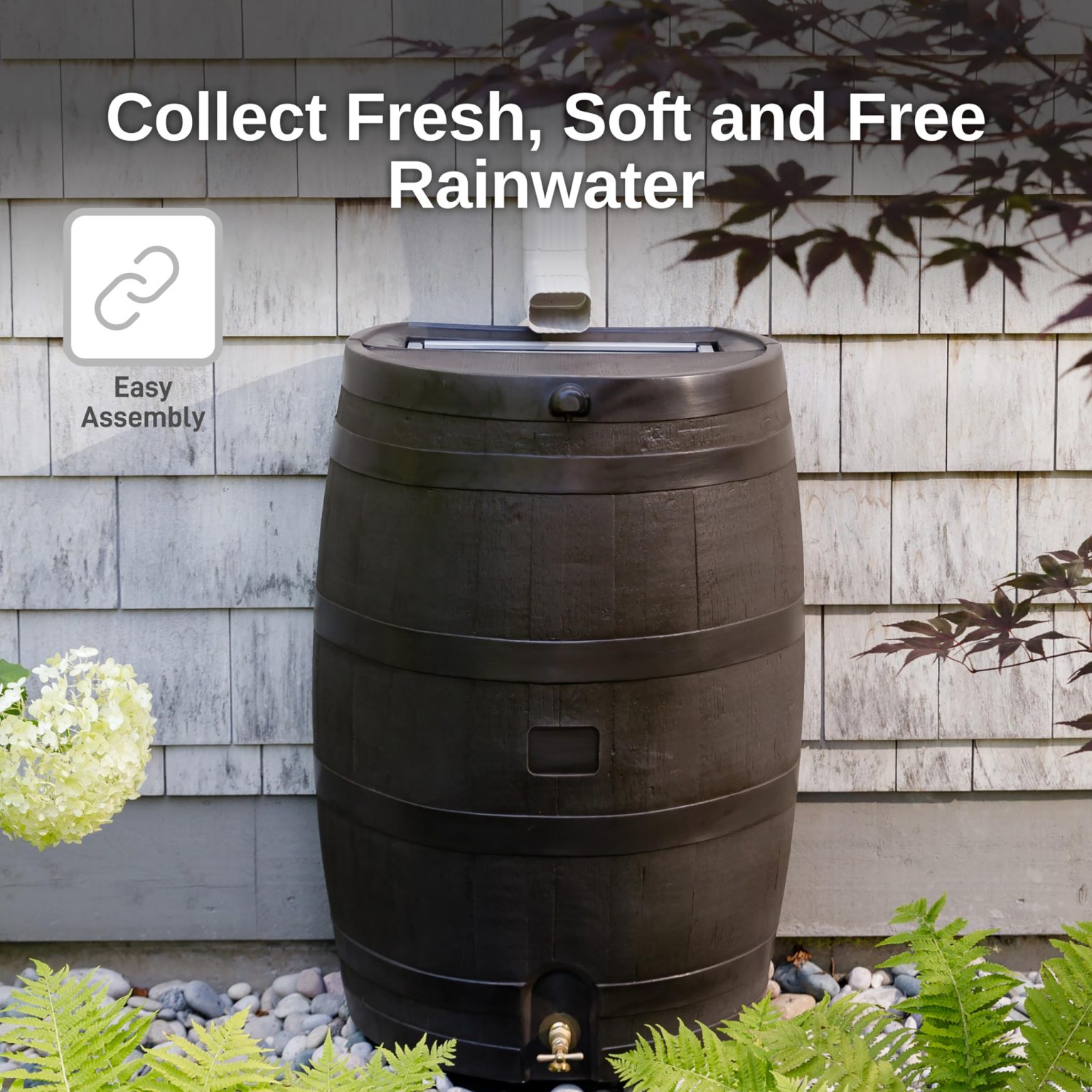 ZenVora 50 Gallon Rain Barrel with Brass Spigot, Large Outdoor Rainwater Collection and Storage Container for Garden