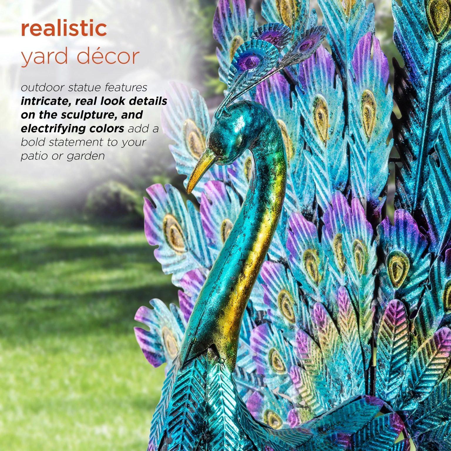 ZenVora Tall Metallic Peacock Garden Statue, Multicolor Outdoor Standing Bird Sculpture for Yard, Patio and Garden Decoration