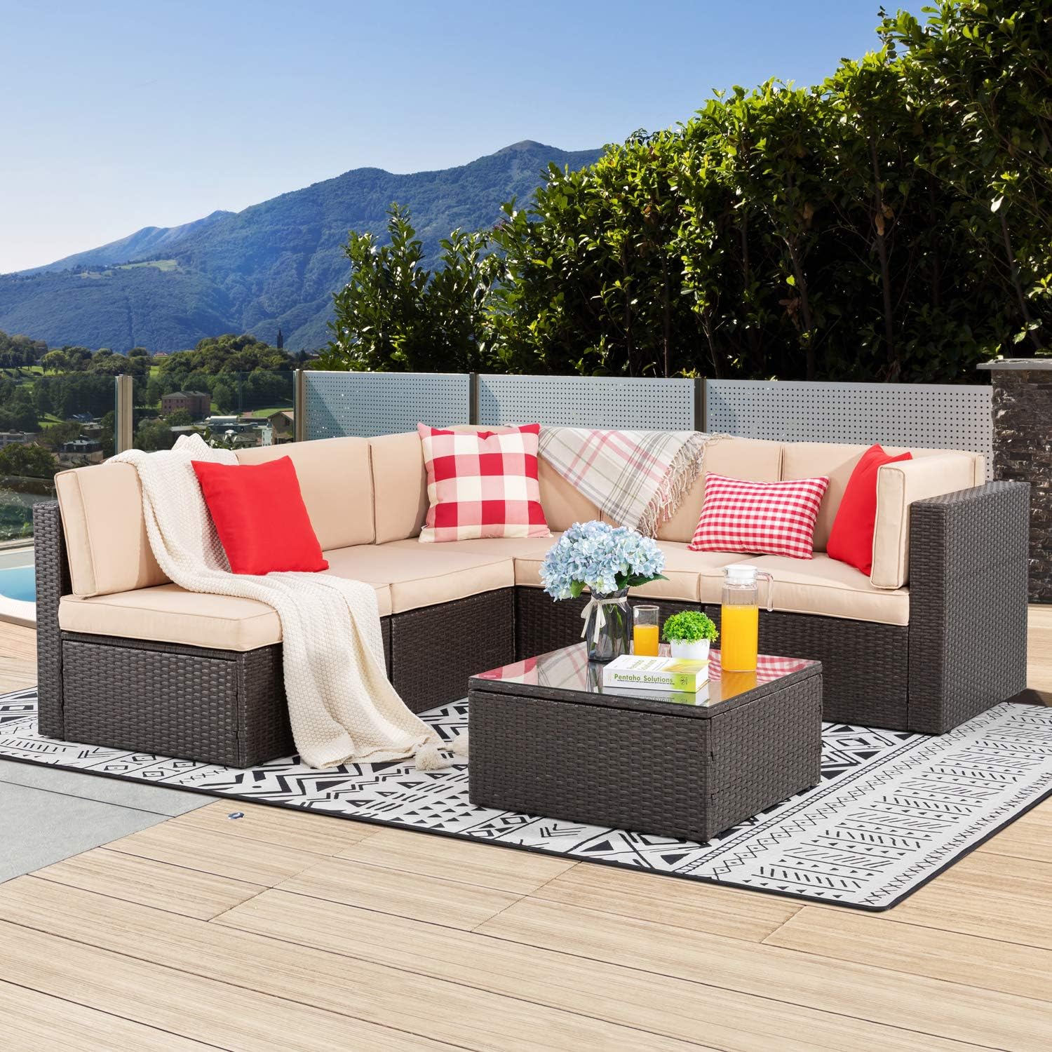 ZenVora 5-Piece All-Weather Patio Furniture Set with Ottoman, Outdoor Wicker Conversation Sofa Set with Cushions for Garden, Deck & Backyard