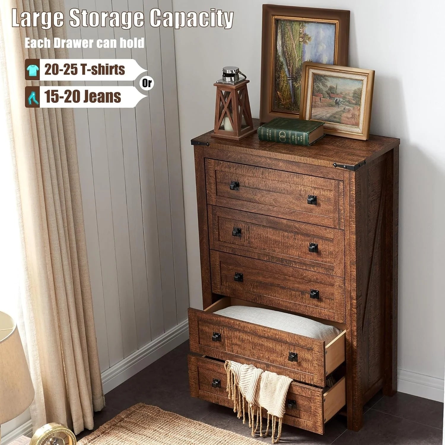 ZenVora 48 Inch Tall Farmhouse Wood Dresser, 5 Drawer Chest of Drawers for Bedroom