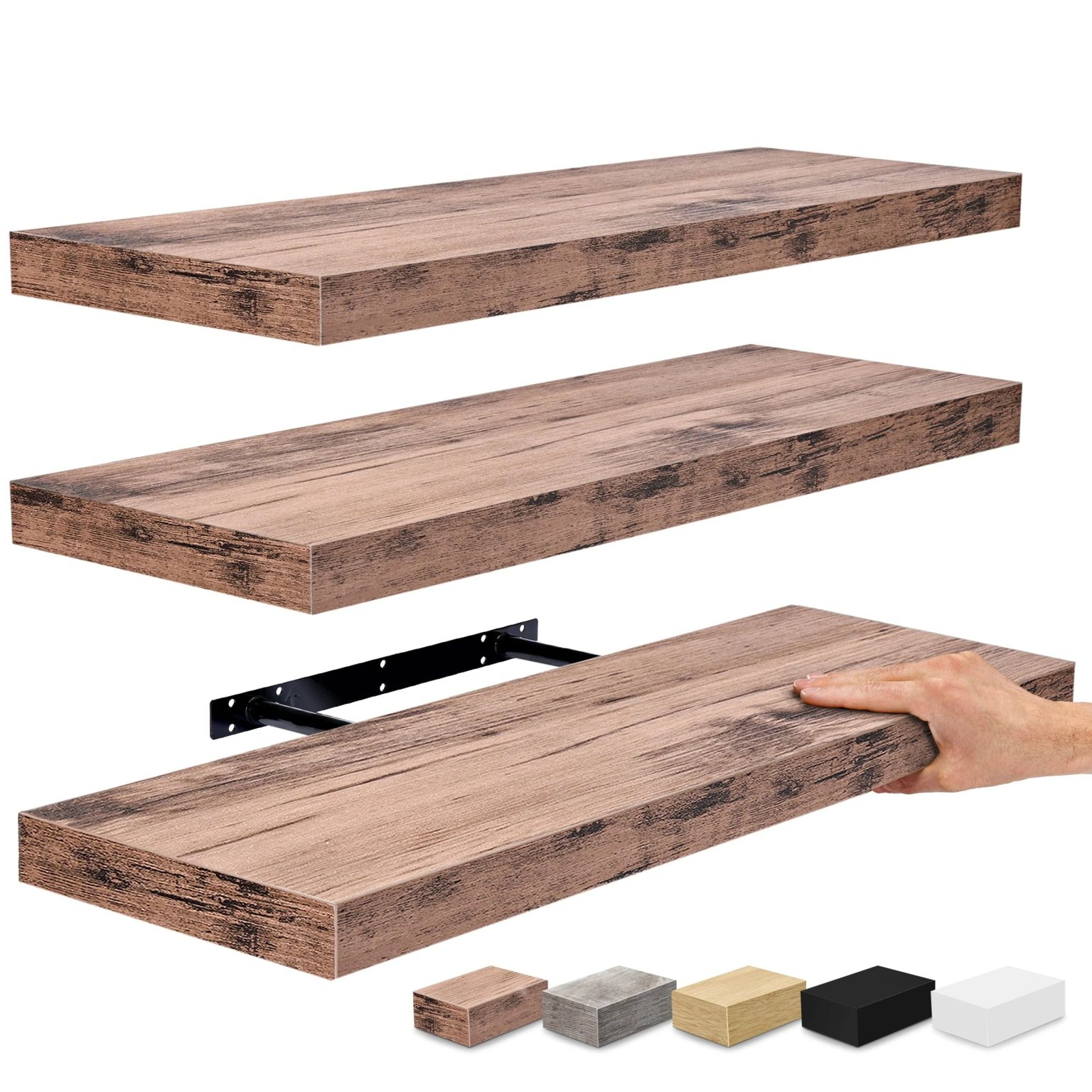 ZenVora Set of 3 Floating Wood Wall Shelves, Wall Mounted Display and Storage Shelves with Invisible Brackets for Books and Home Decor