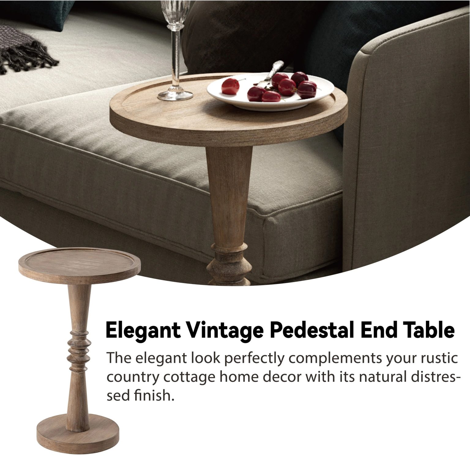ZenVora Small Pedestal End Table with Tray Top, Farmhouse Distressed Finish Accent Table