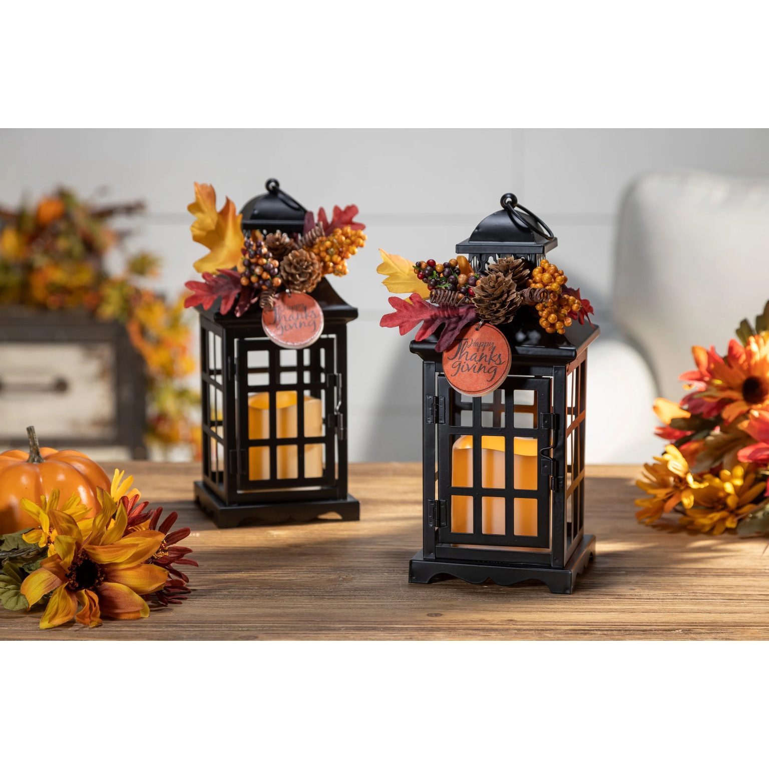 ZenVora Set of 2 Autumn Lanterns with Fall Floral Accents, Decorative Seasonal Lanterns for Home, Porch and Table Decor