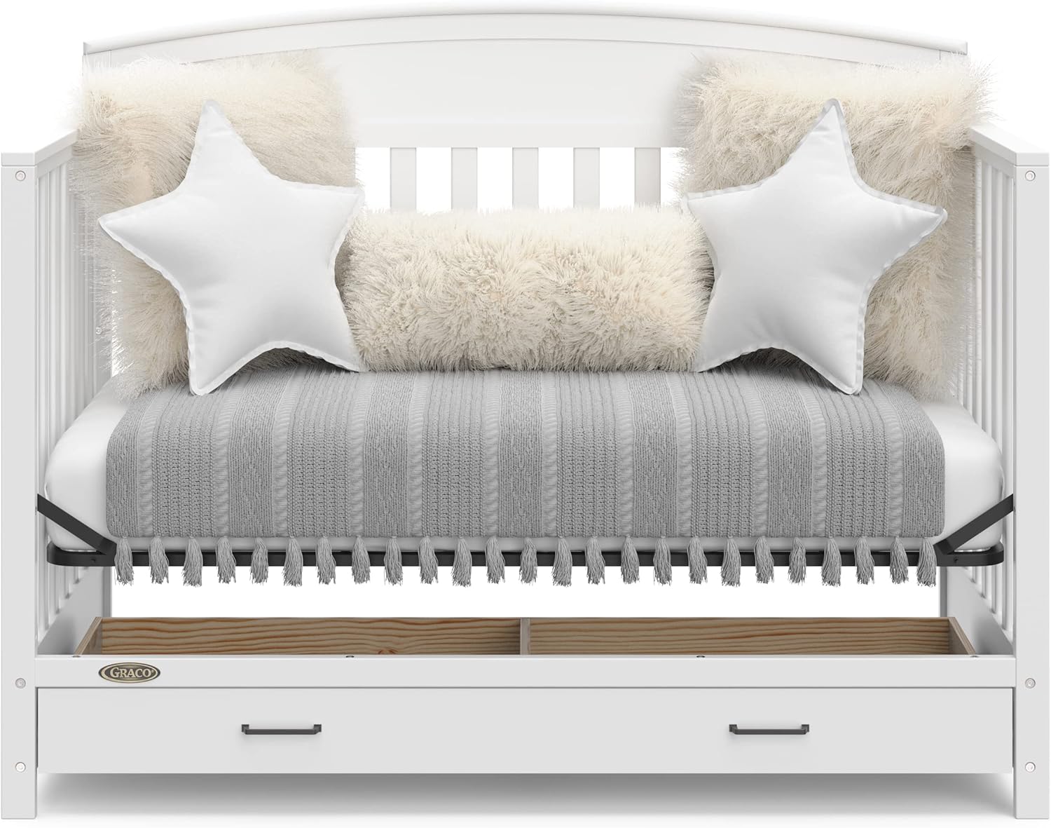ZenVora 5-in-1 Convertible Baby Bed with Storage Drawers, White, Converts to Toddler Bed, Daybed and Full-Size Bed