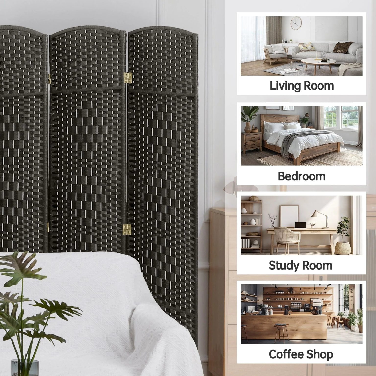 ZenVora 6 FT Tall Woven Fiber Room Divider, Freestanding Folding Privacy Screen