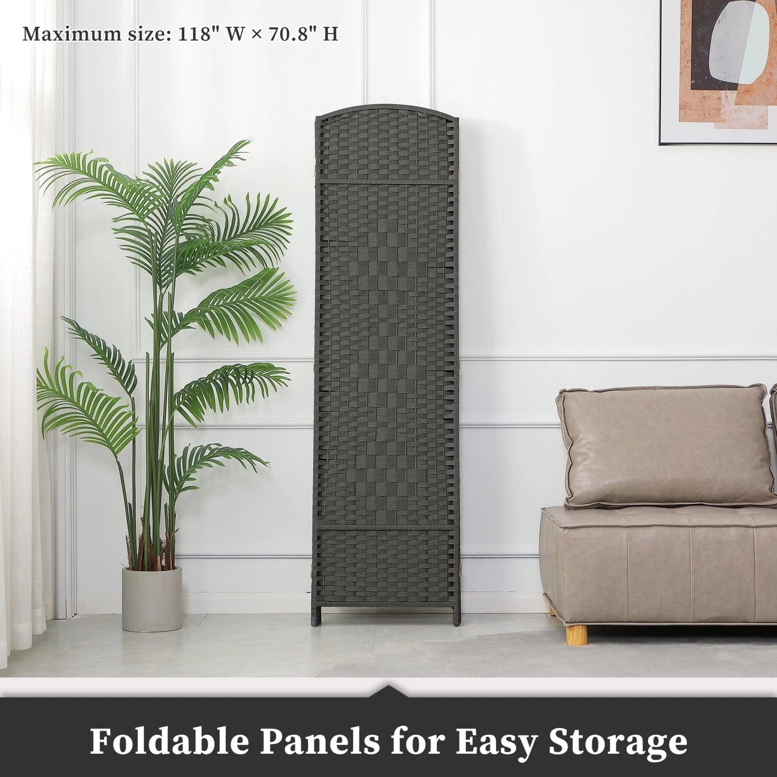 ZenVora 6 FT Tall Woven Fiber Room Divider, Freestanding Folding Privacy Screen