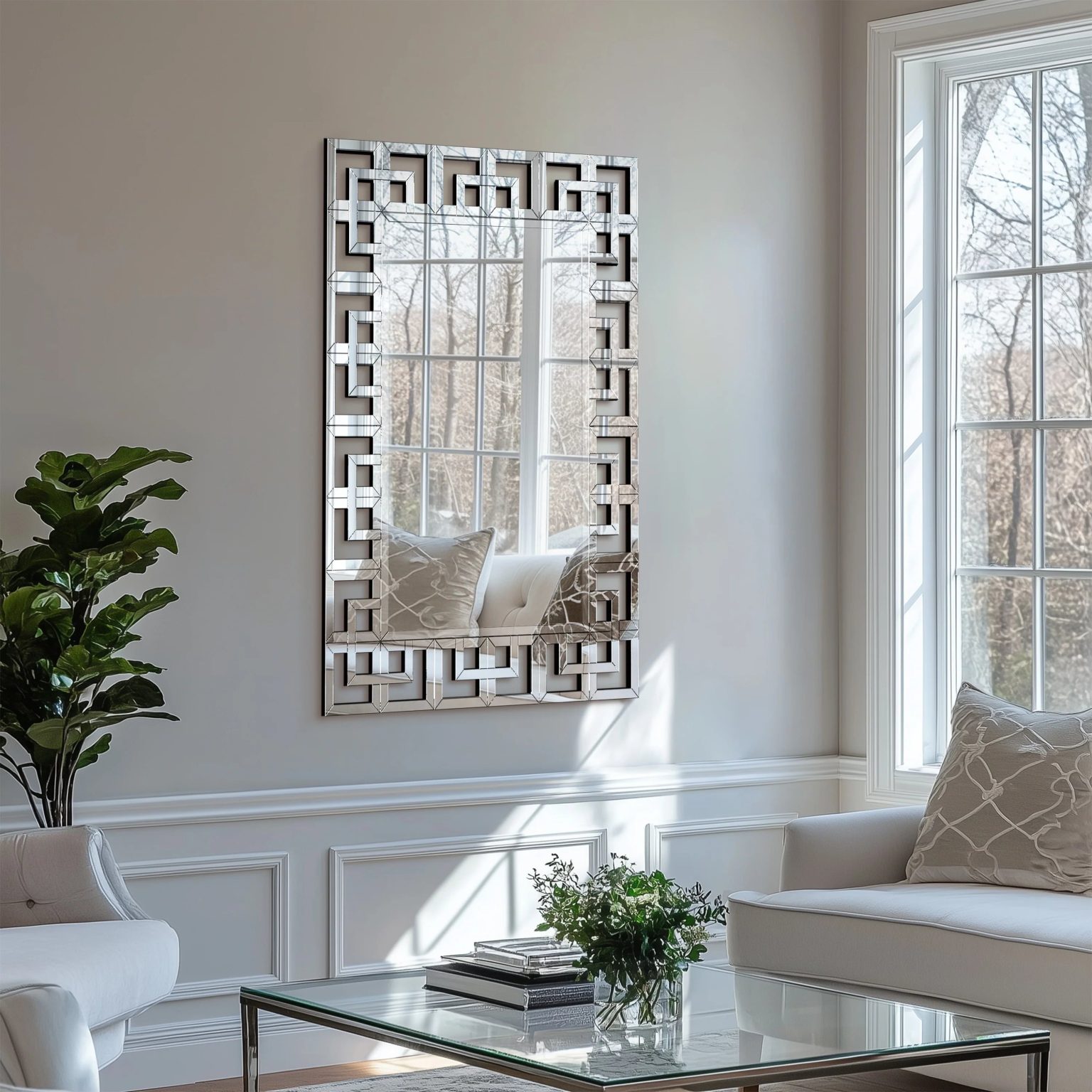 ZenVora Large Silver Geometric Wall Mirror, Modern Decorative Accent Mirror for Living Room, Bedroom and Entryway