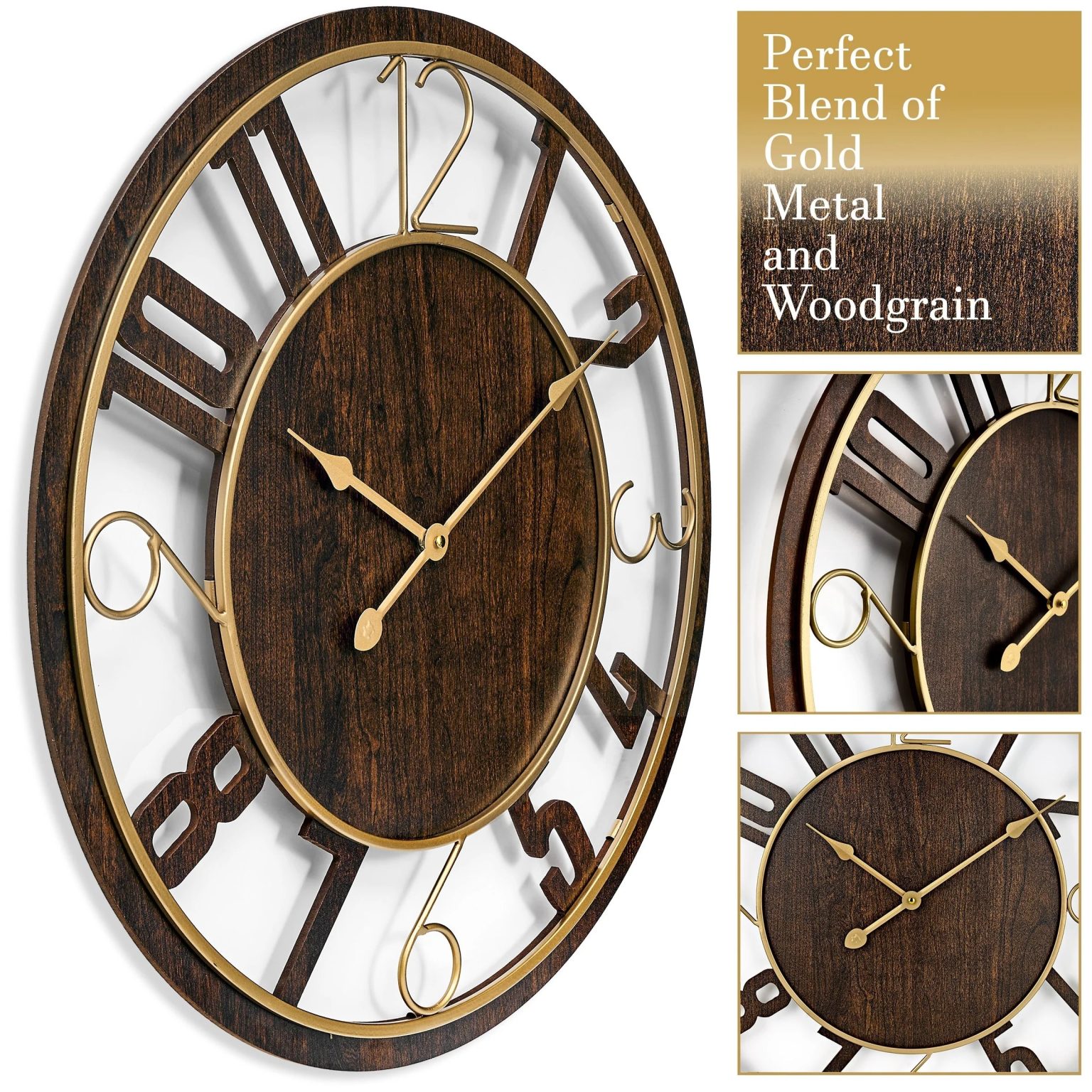 ZenVora 24 Inch Round Wooden Wall Clock, Modern Analog Clock with Numeral Design, Battery Operated