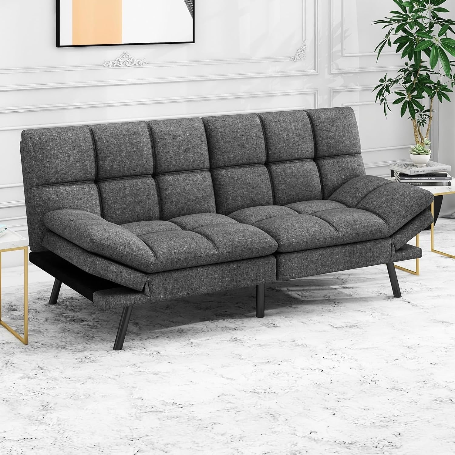 ZenVora Convertible Futon Sofa Bed with Memory Foam, Foldable Loveseat Sleeper with Adjustable Armrests