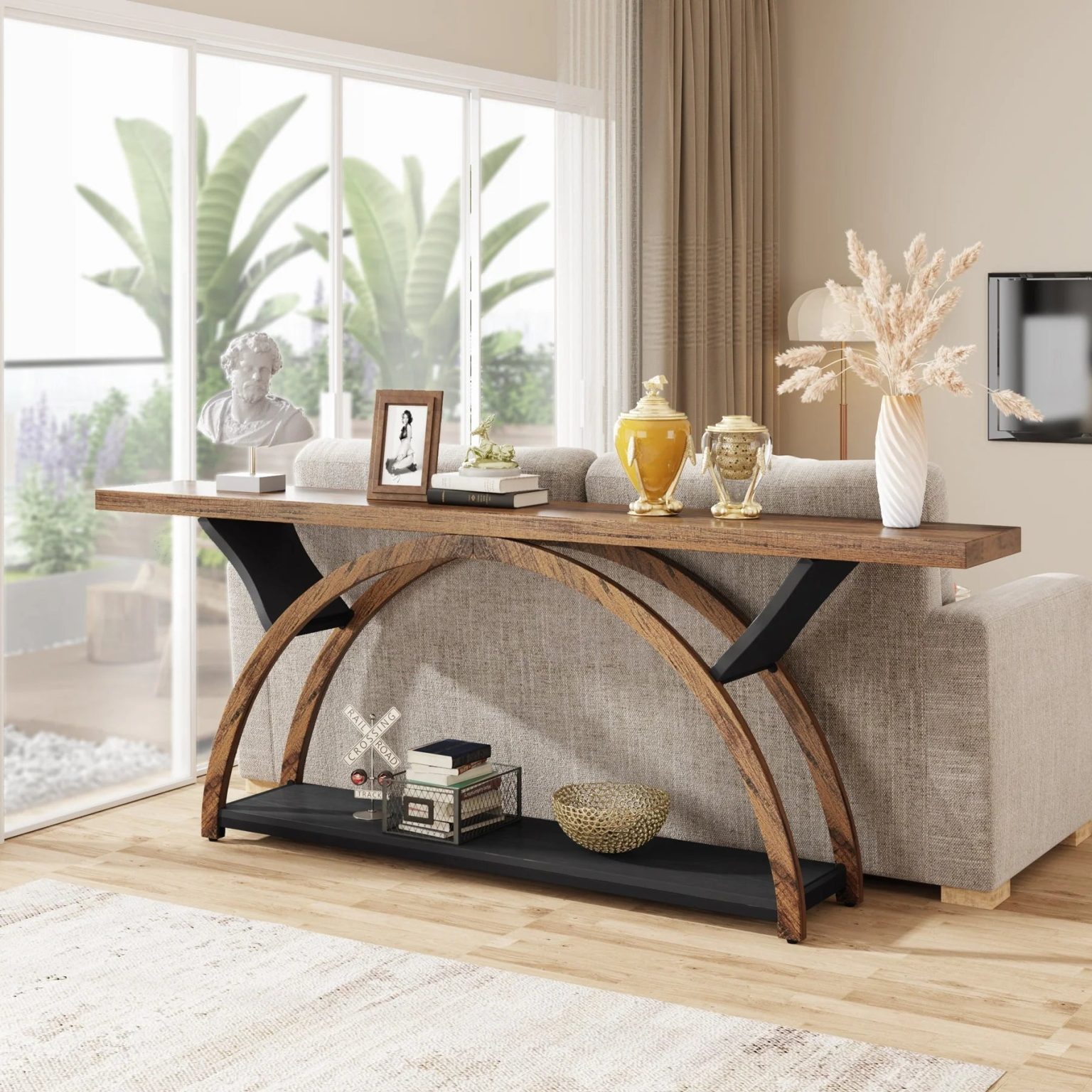 ZenVora Gray 2-Tier Slim Console Sofa Table, Semi-Circular Metal Frame for Hallway