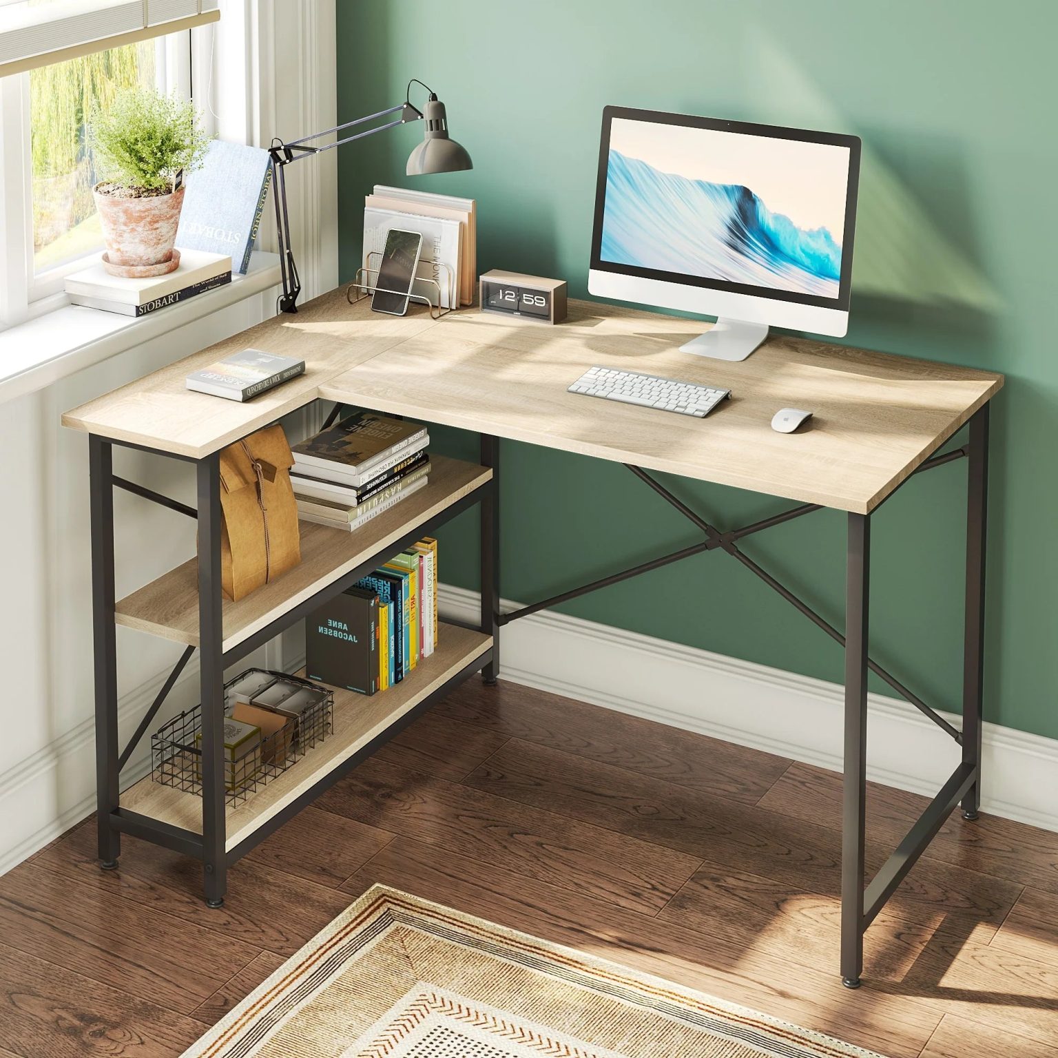 ZenVora Small L Shaped Computer Desk with Storage Shelves, Compact Corner Workstation for Home Office and Study