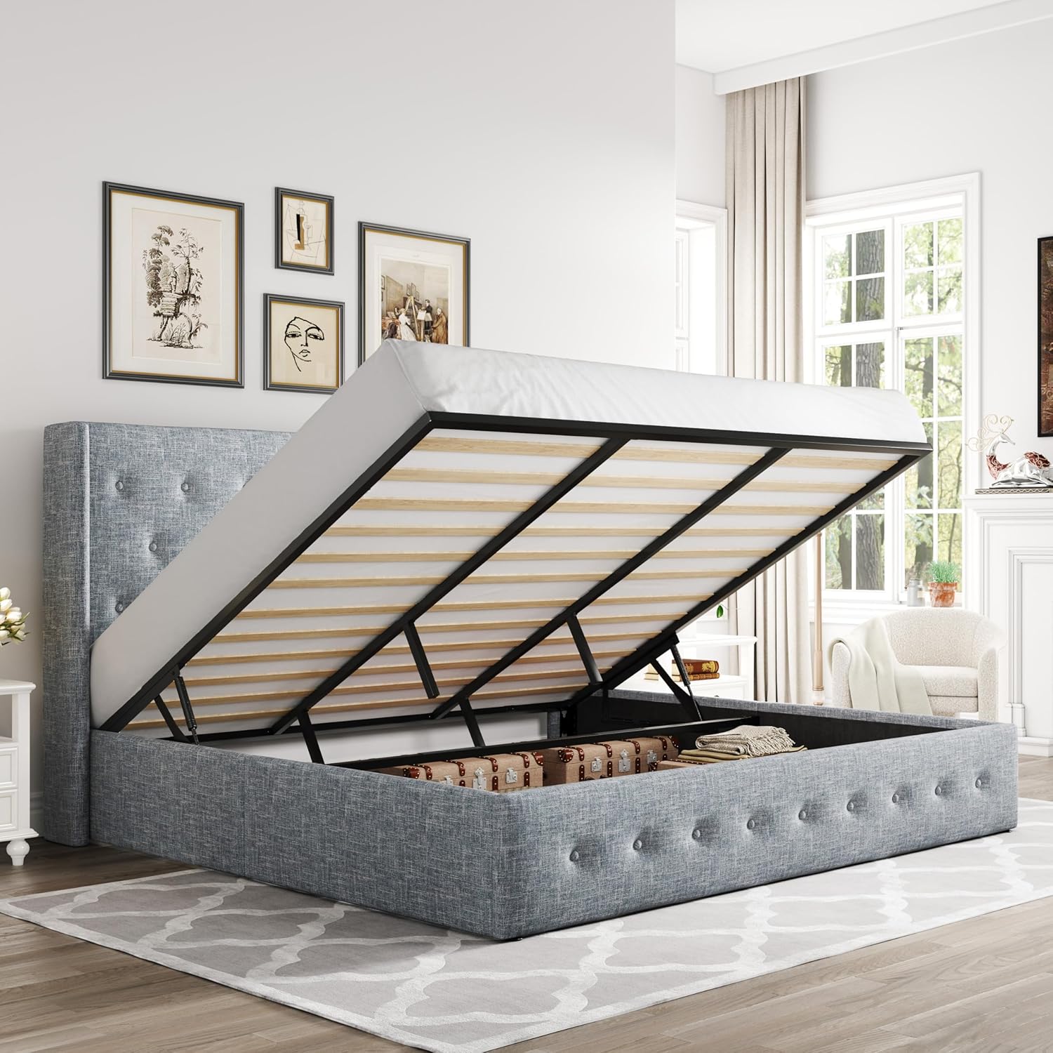 ZenVora Queen Size Lift Up Storage Bed with Wingback Headboard, Upholstered Platform Bed Frame with Hidden Storage