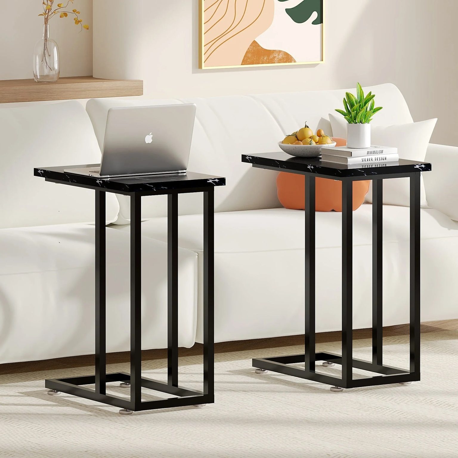 ZenVora Set of 2 C-Shaped Sofa Side Tables, Small End Tables for Living Room, Bedside and TV Tray