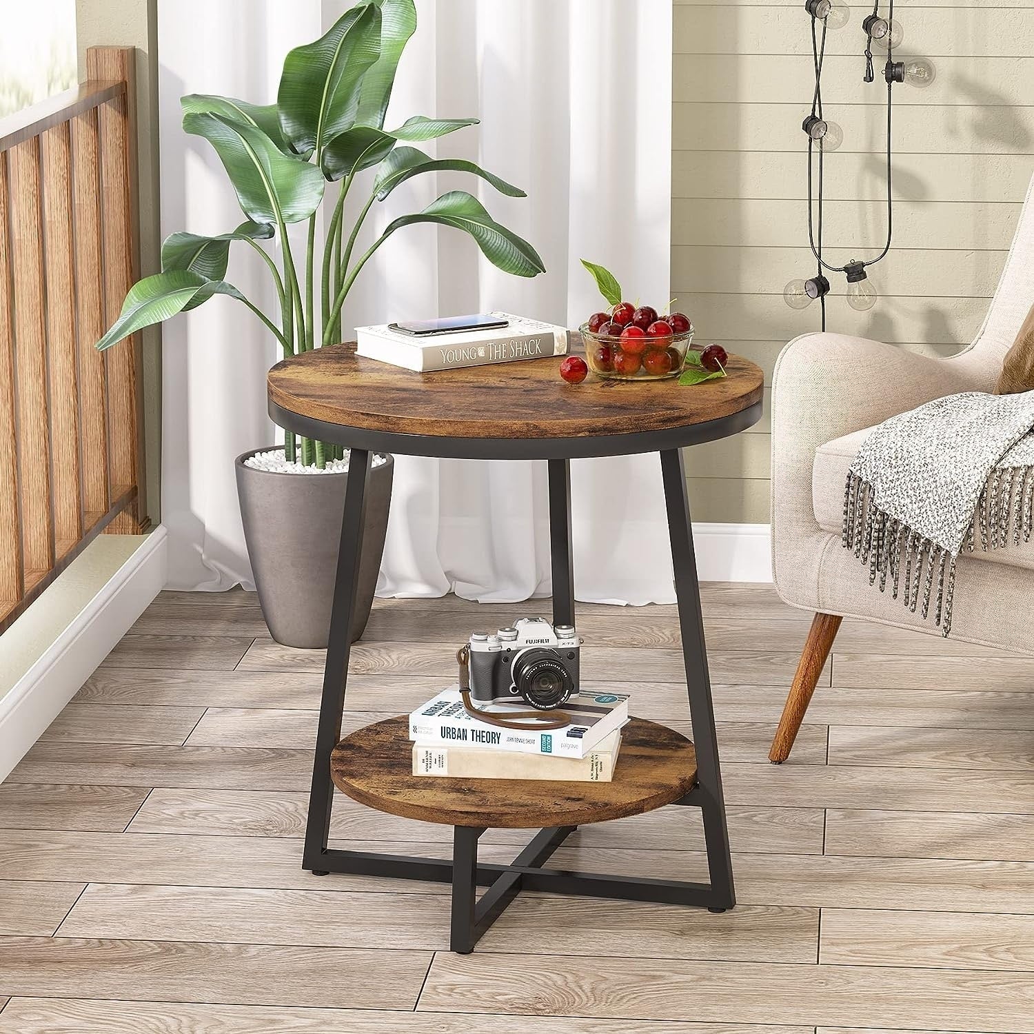 ZenVora Industrial Round End Table, Small Side Table and Accent Coffee Table for Living Room and Bedroom