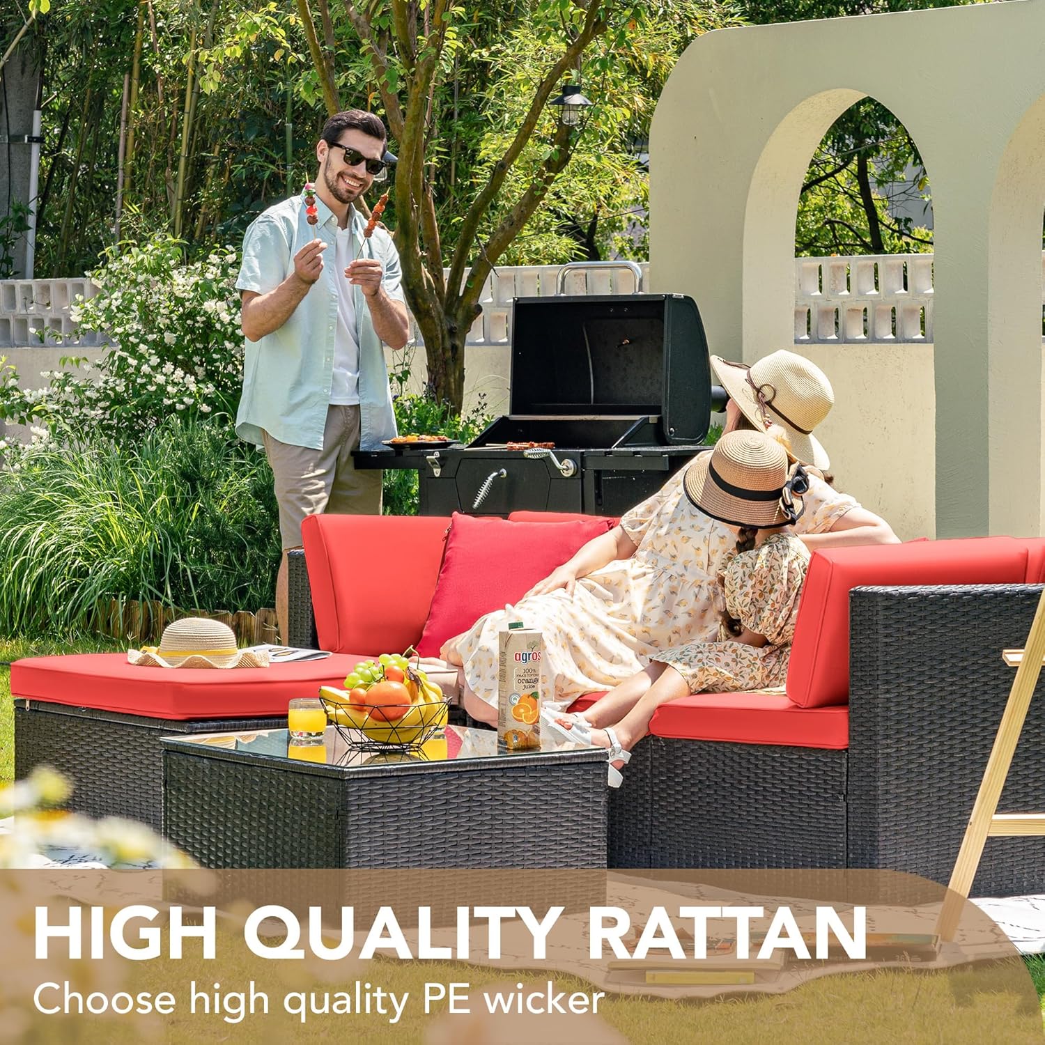 ZenVora 5-Piece All-Weather Patio Furniture Set with Cushions, Outdoor Wicker Conversation Sofa Set for Garden, Deck & Backyard
