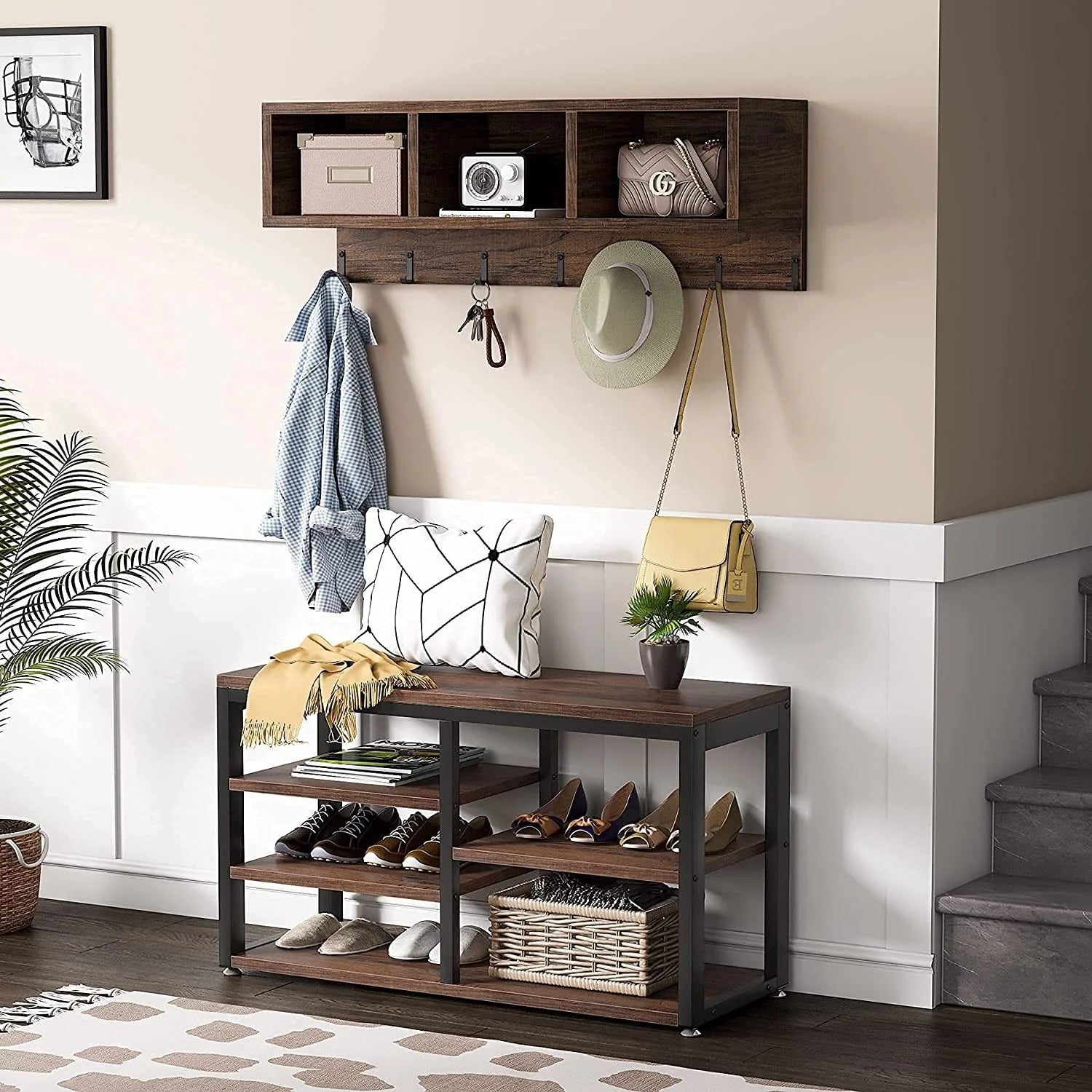 ZenVora Entryway Coat Rack and Shoe Bench Set, Industrial Hall Tree with Coat and Shoe Storage