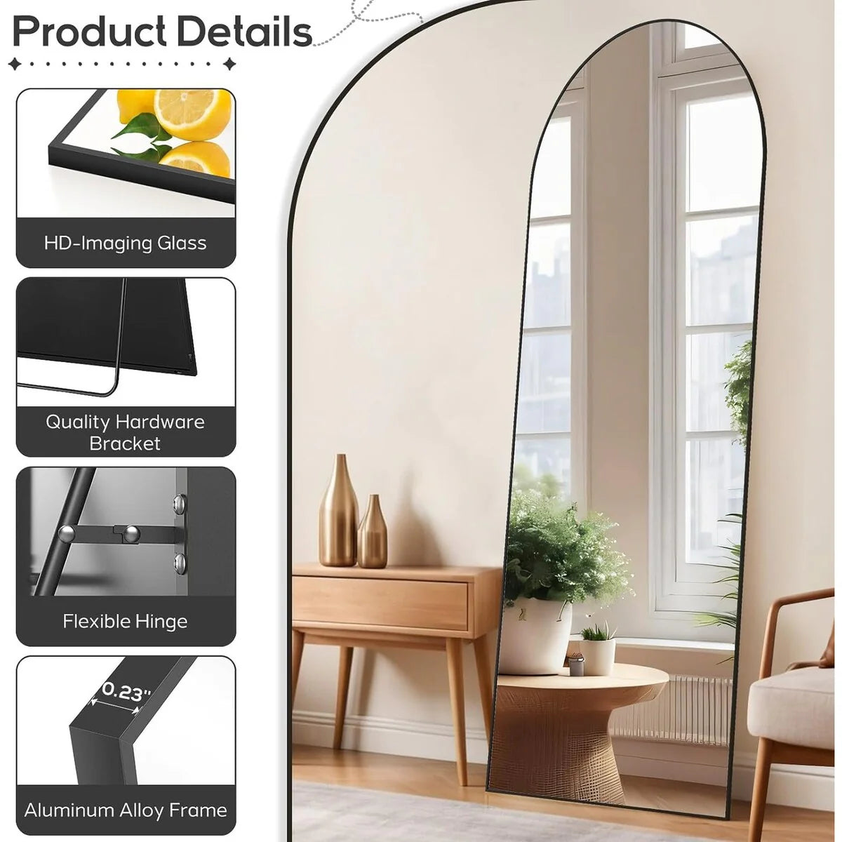 ZenVora Full Length Mirror with Stand, Aluminum Alloy Frame Full Body Floor Mirror for Bedroom and Cloakroom