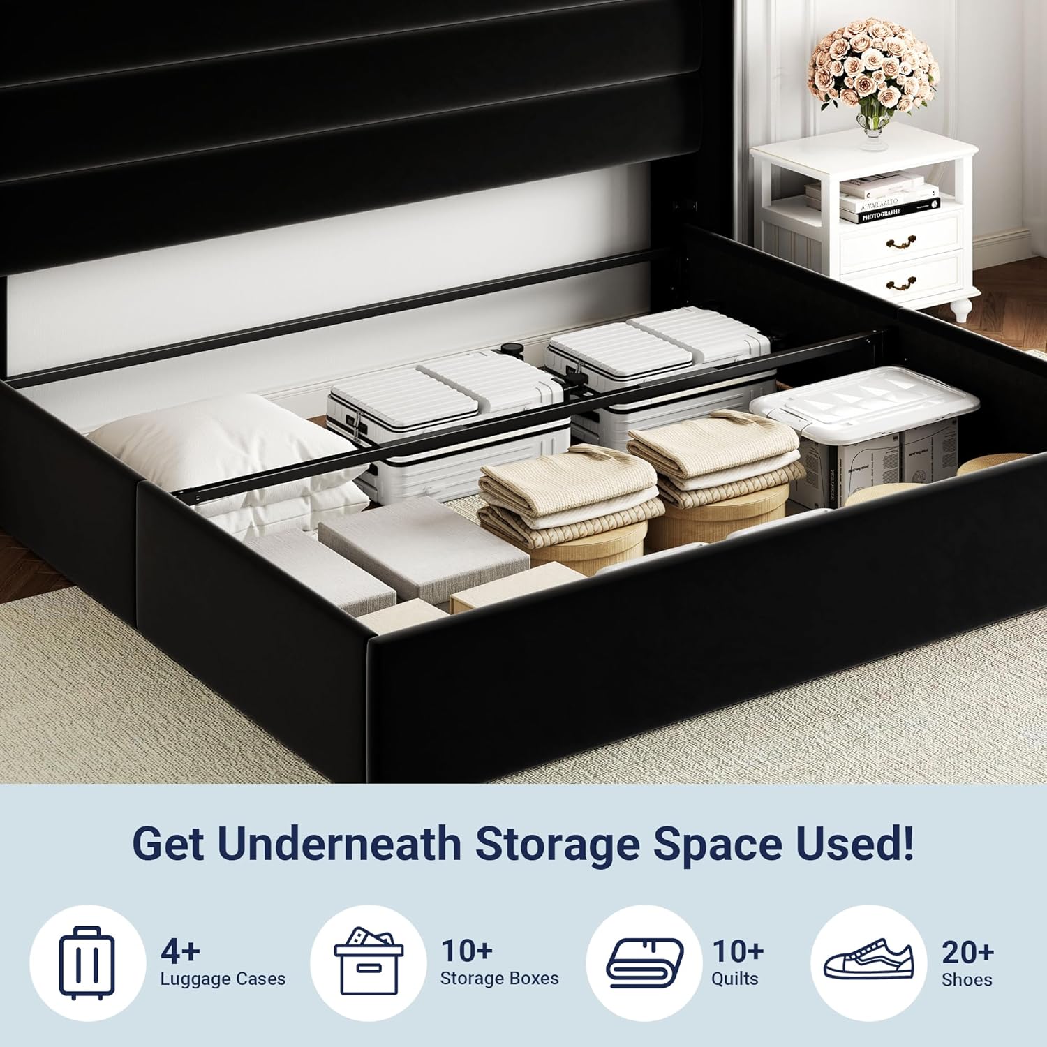 ZenVora Queen Size Lift Up Storage Bed with Wingback Headboard, Upholstered Platform Bed Frame with Hidden Storage
