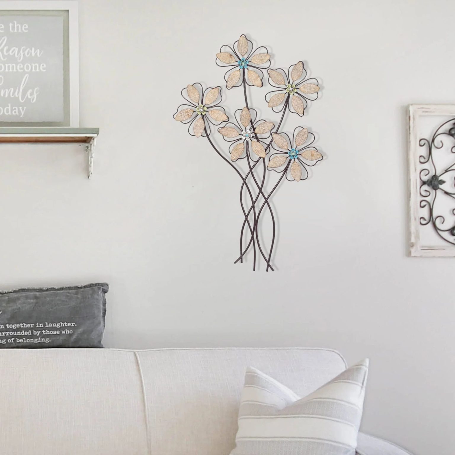 ZenVora Metal Wall Decor with 5 Flowers, Decorative Floral Wall Hanging Sculpture for Living Room, Bedroom and Home Decoration