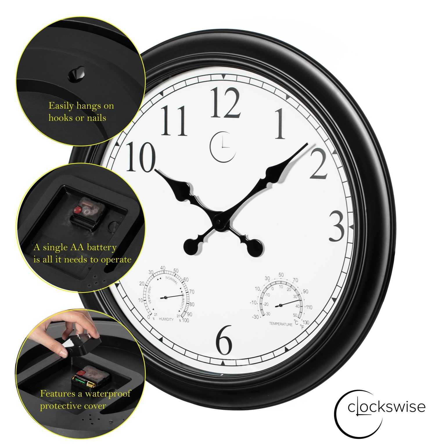 Large Outdoor Wall Clock with Thermometer, Waterproof Silent Garden Weather Station, Black