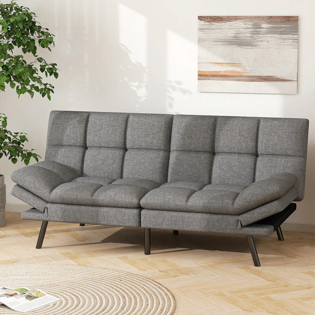 ZenVora Convertible Futon Sofa Bed with Memory Foam, Foldable Loveseat Sleeper with Adjustable Armrests