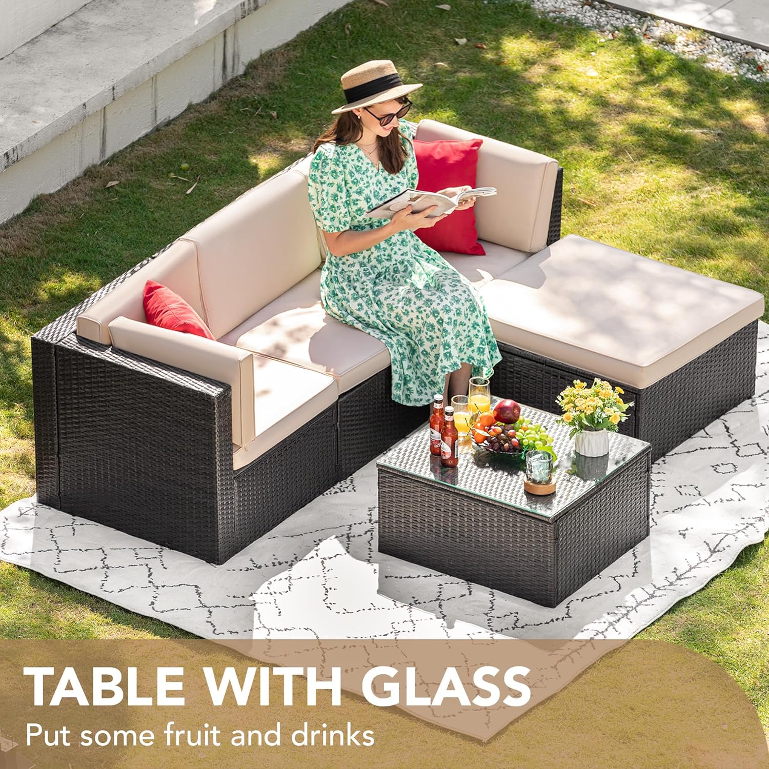 ZenVora 5-Piece All-Weather Patio Furniture Set with Cushions, Outdoor Wicker Conversation Sofa Set for Garden, Deck & Backyard