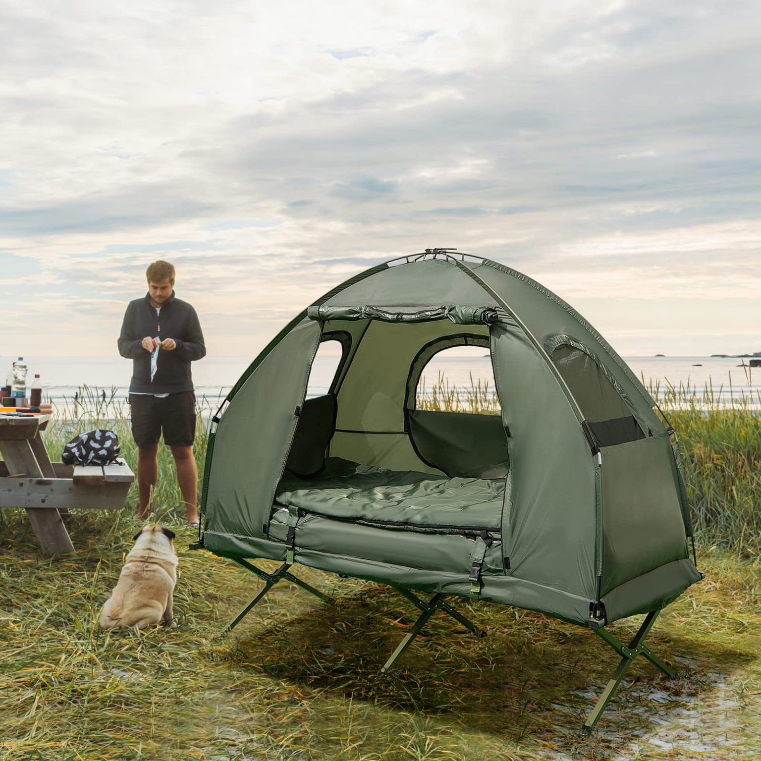 ZenVora 5-in-1 Folding Camping Cot – Tent with Air Mattress, Pillow & Sleeping Bag