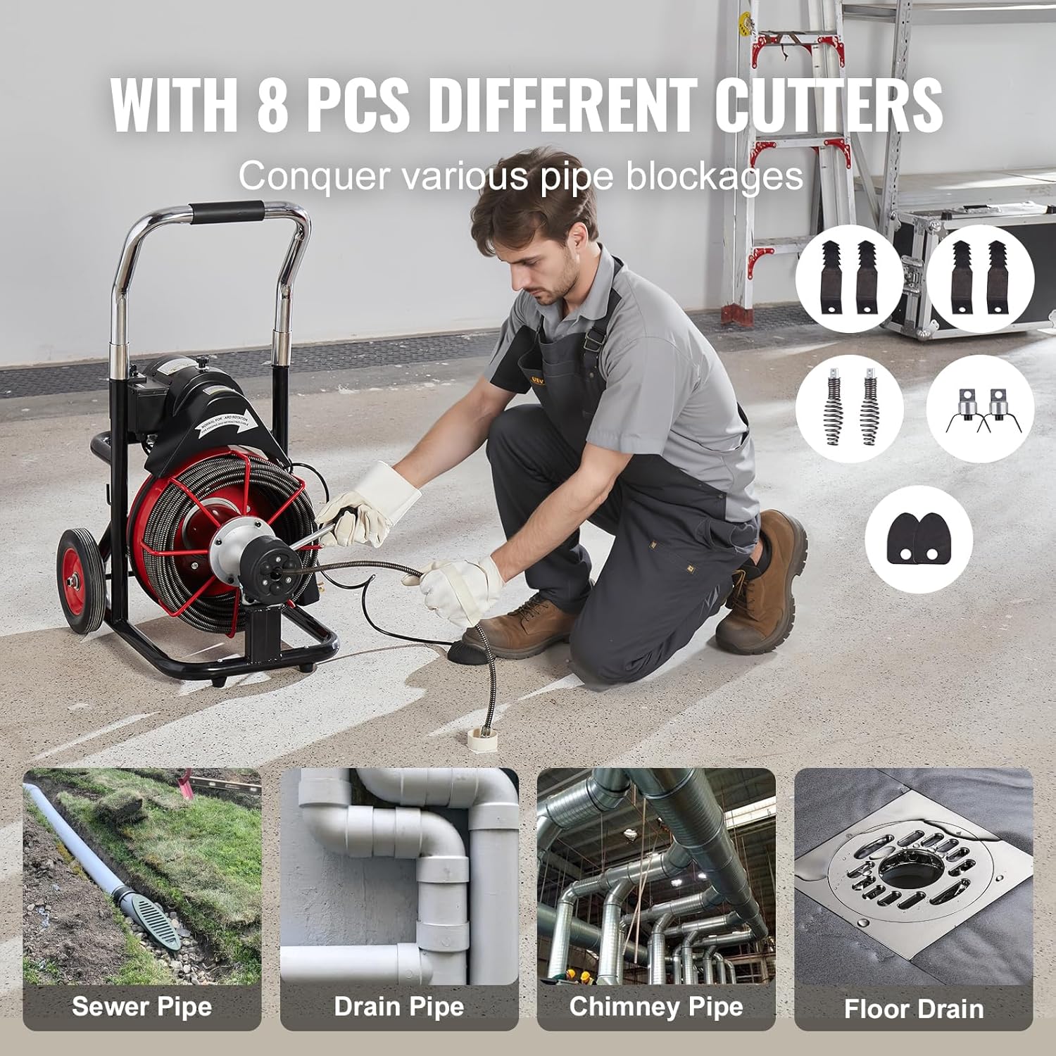 ZenVora 550W Drain Cleaning Machine, 100-Ft. x 1/2-Inch Sewer Snake Auger with 8 Cutters, Wheels and Foot Switch, for 2-4-Inch Pipes