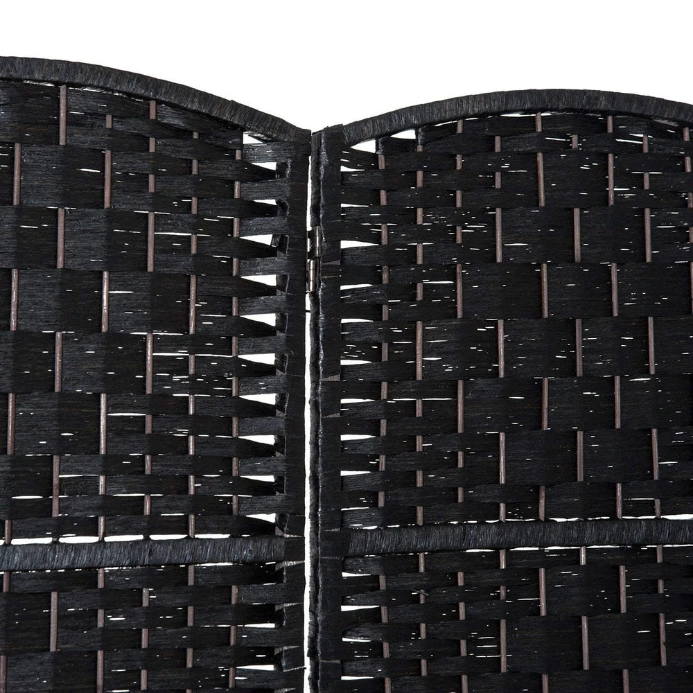 ZenVora 6 Ft Tall Four-Panel Wicker Weave Room Divider, Black Wood Privacy Screen