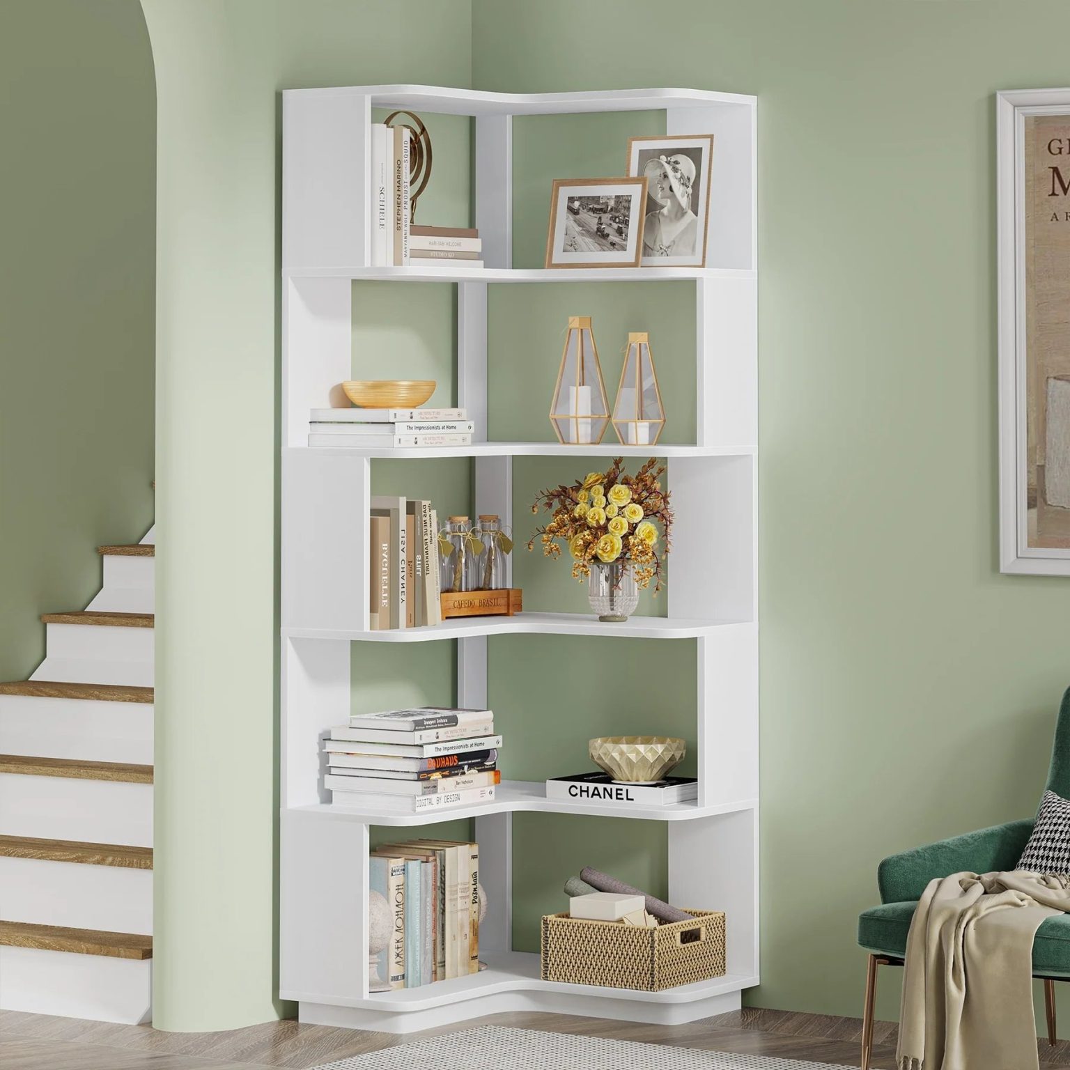 ZenVora 64.9 Inch Tall 6-Tier Corner Bookshelf, Freestanding Wood Industrial Bookcase