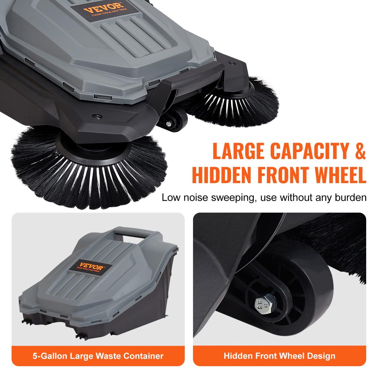 ZenVora Walk-Behind Hand Push Floor Sweeper, 5-Gallon Waste Container, Manual Outdoor Sweeping Machine