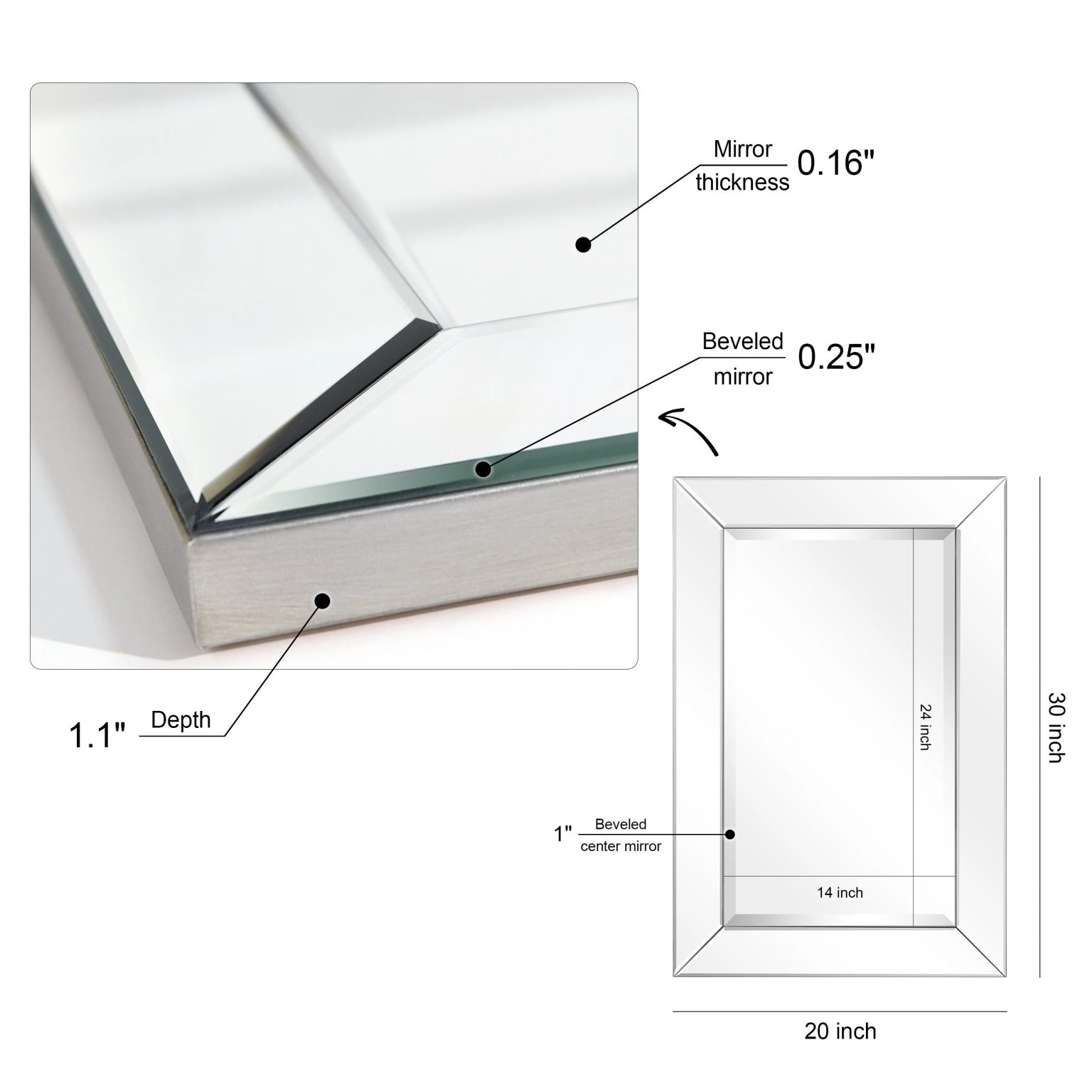 ZenVora Beveled Rectangular Clear HD Wall Mirror, Bathroom Vanity and Bedroom Mirror, 3 Sizes