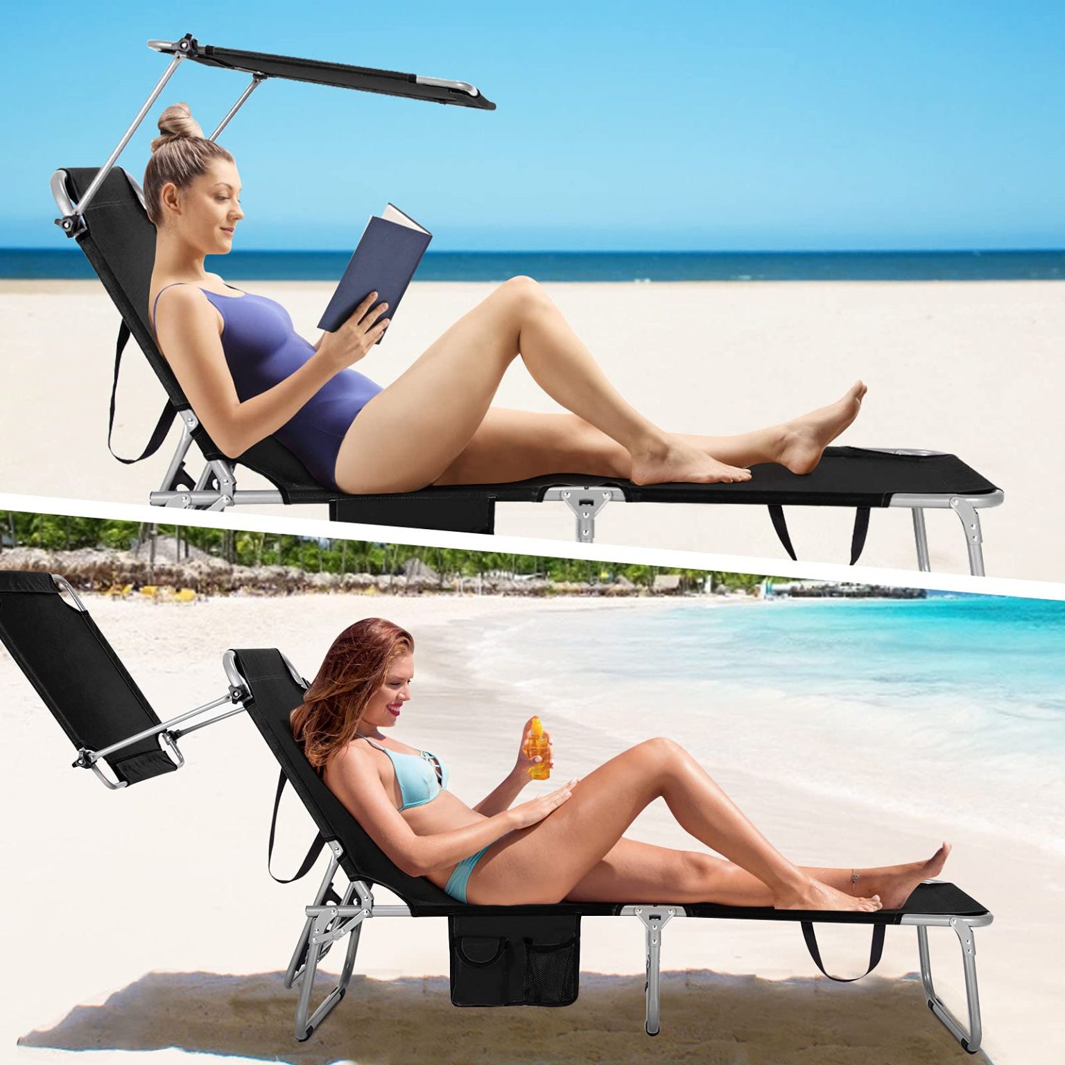 ZenVora Folding Lounge Chair with Canopy – Shade Chair with Storage Pocket