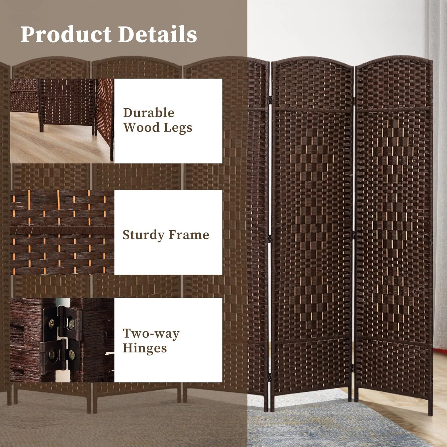 ZenVora 6 FT Tall Woven Fiber Room Divider, Freestanding Folding Privacy Screen