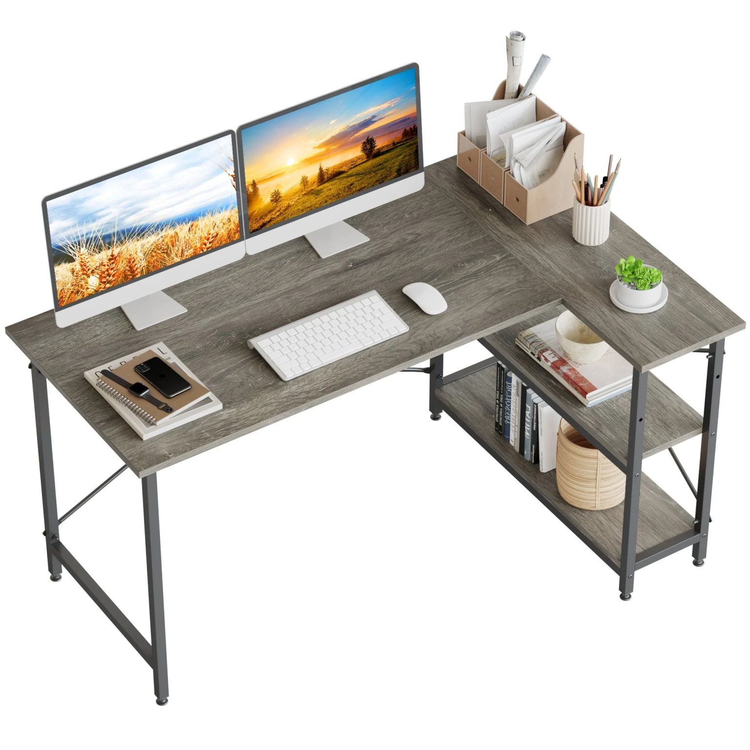 ZenVora Small L Shaped Computer Desk with Storage Shelves, Compact Corner Workstation for Home Office and Study