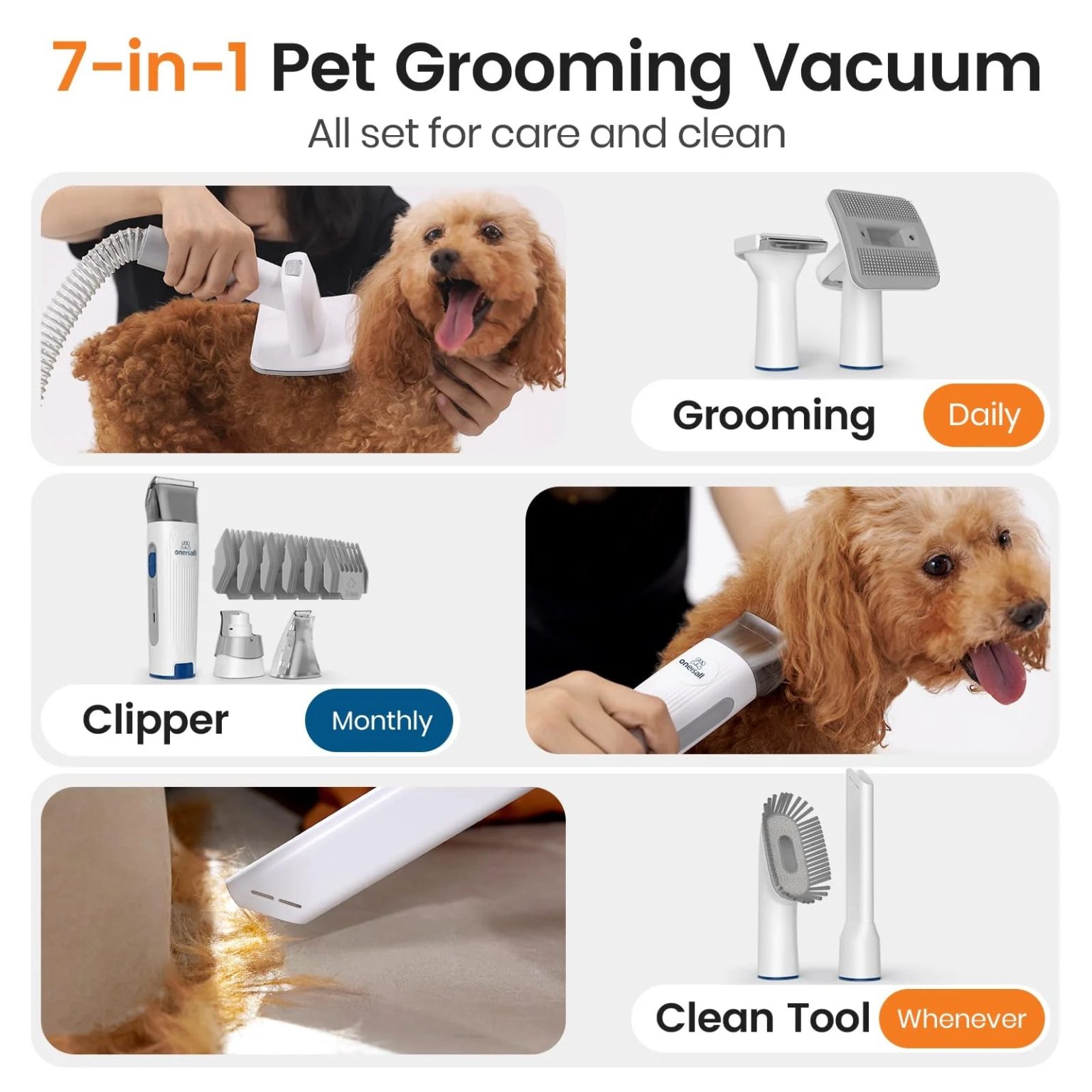 ZenVora 3-in-1 Dog Grooming Vacuum Kit with Clipper and Nail Grinder, Pet Hair Trimmer and Grooming Tool Set