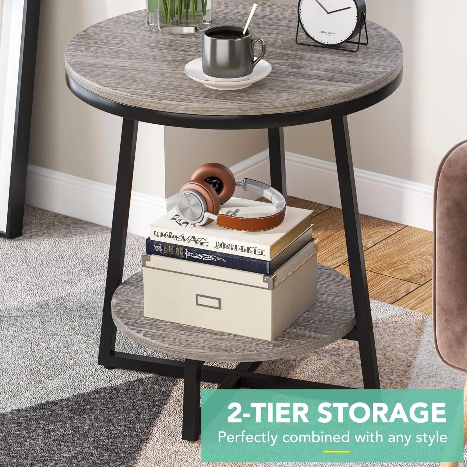 ZenVora Industrial Round End Table, Small Side Table and Accent Coffee Table for Living Room and Bedroom