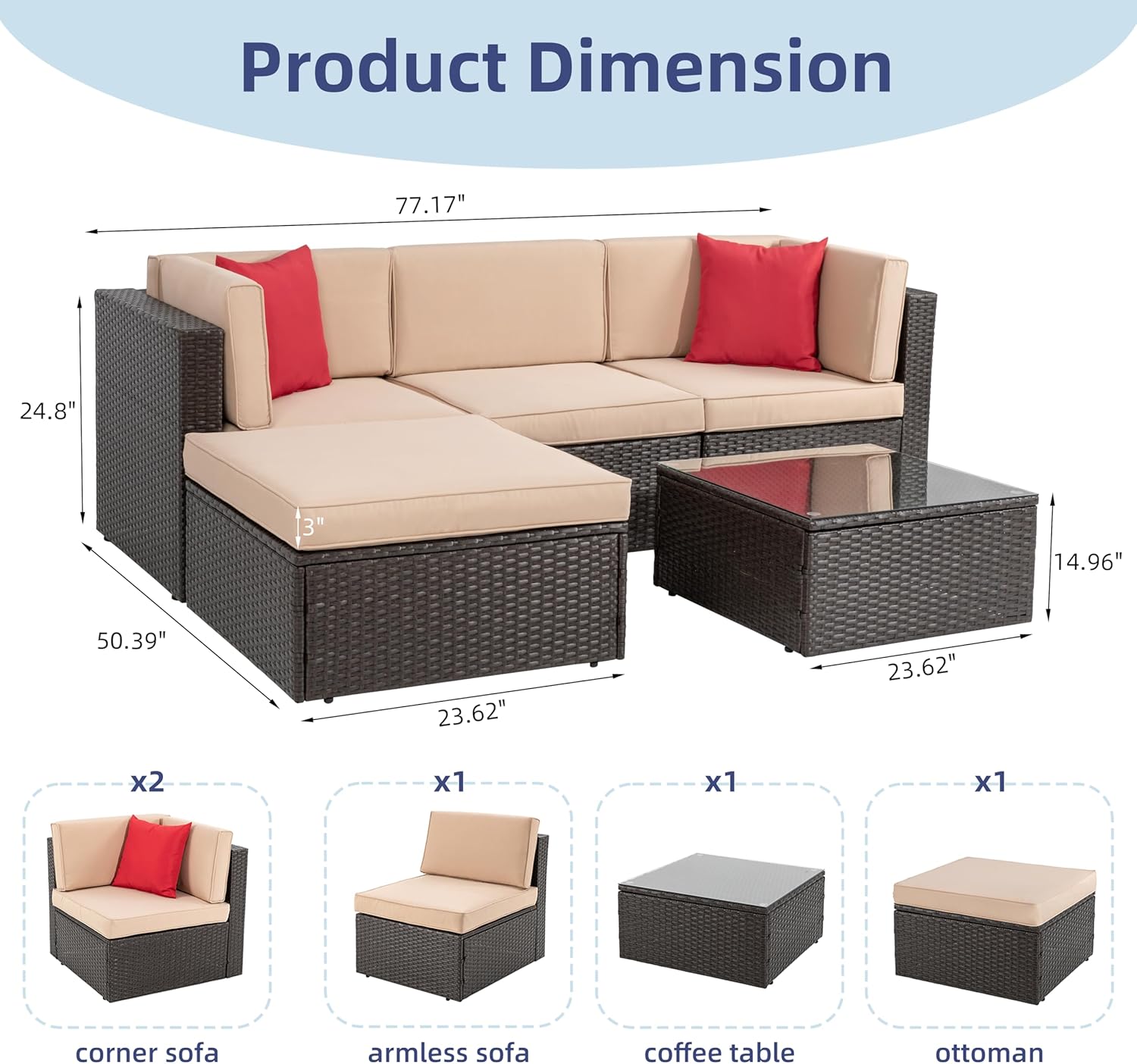 ZenVora 5-Piece All-Weather Patio Furniture Set with Ottoman, Outdoor Wicker Conversation Sofa Set with Cushions for Garden, Deck & Backyard