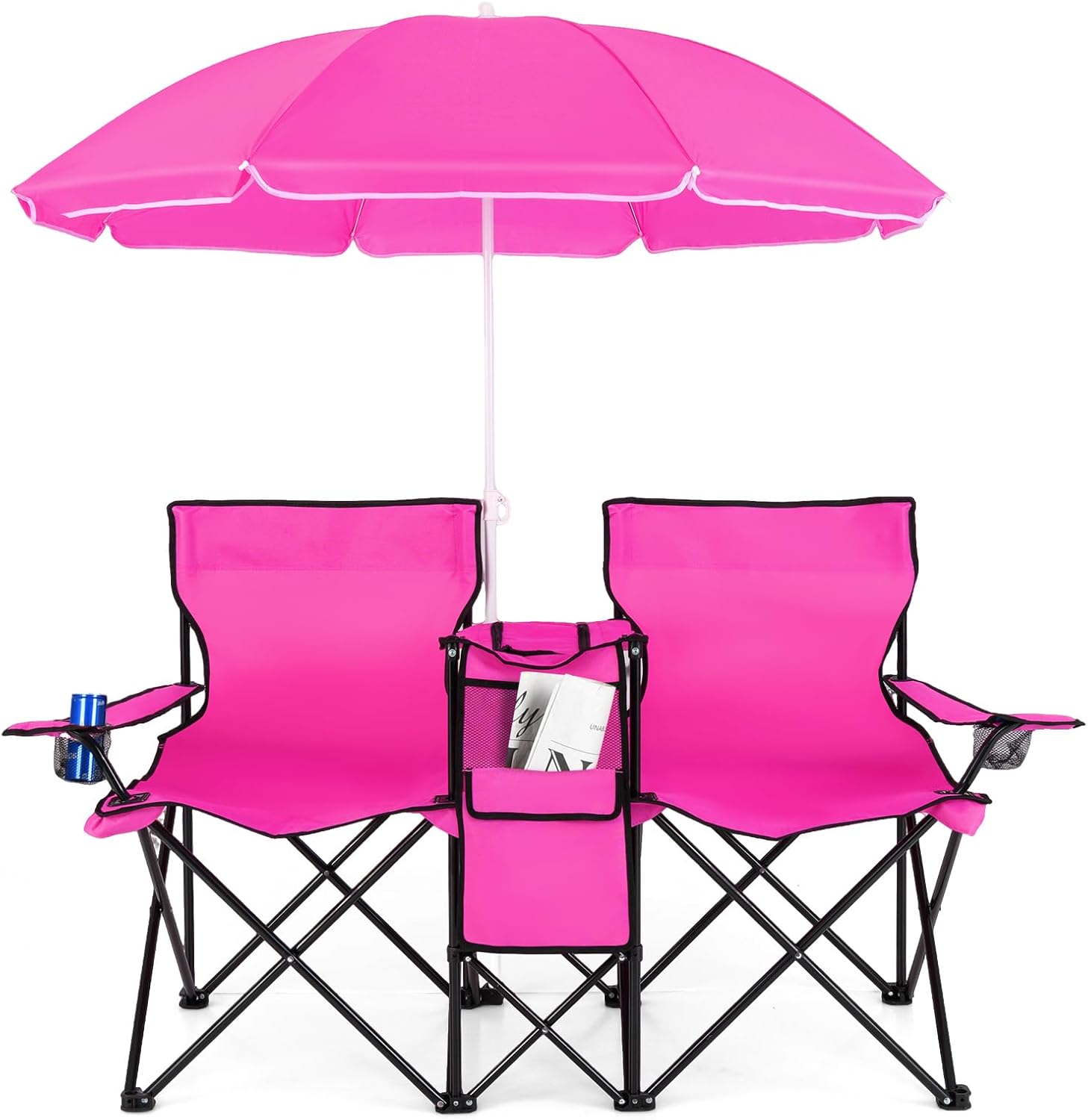 ZenVora Double Folding Picnic Chairs with Umbrella – Mini Table & Beverage Holder Included