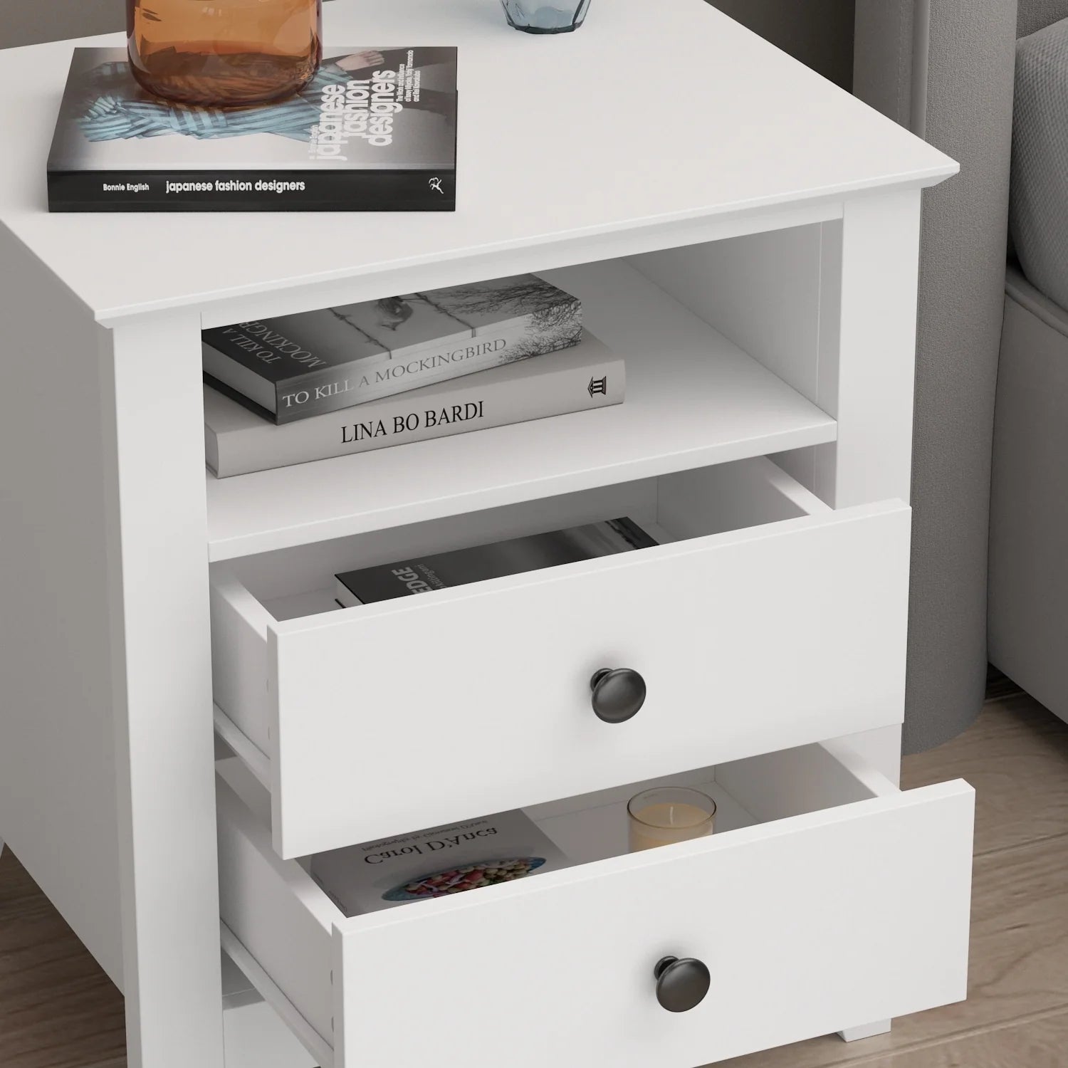 ZenVora 21.7 Inch Tall White Nightstand, 2 Drawers and 1 Open Shelf Bedside End Table