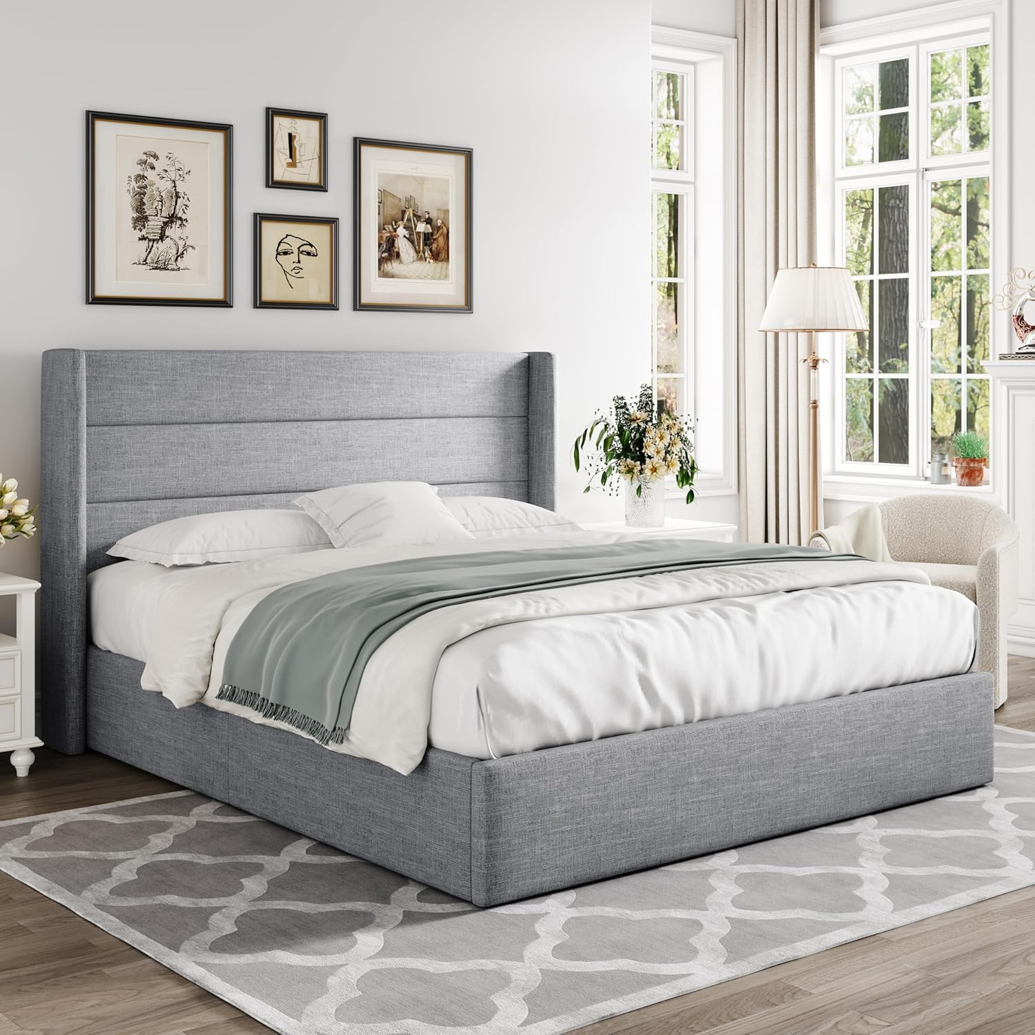 ZenVora Queen Size Lift Up Storage Bed with Wingback Headboard, Upholstered Platform Bed Frame with Hidden Storage