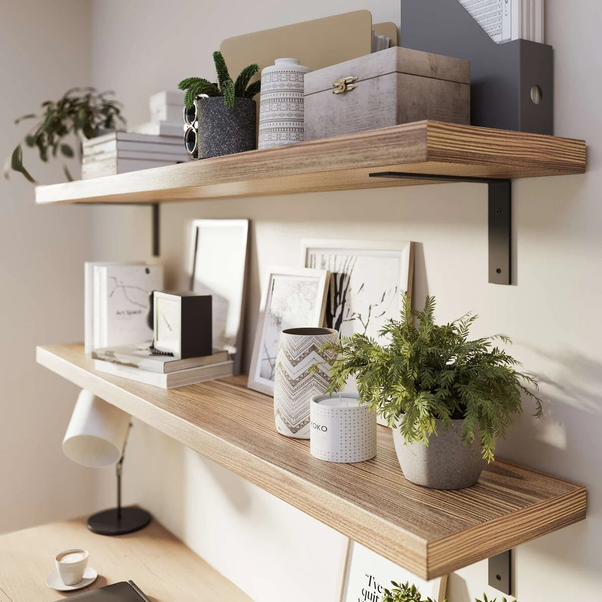 ZenVora 60 Inch Rustic Floating Wall Shelves, 2 Piece Burnt Wood Display and Storage Shelves