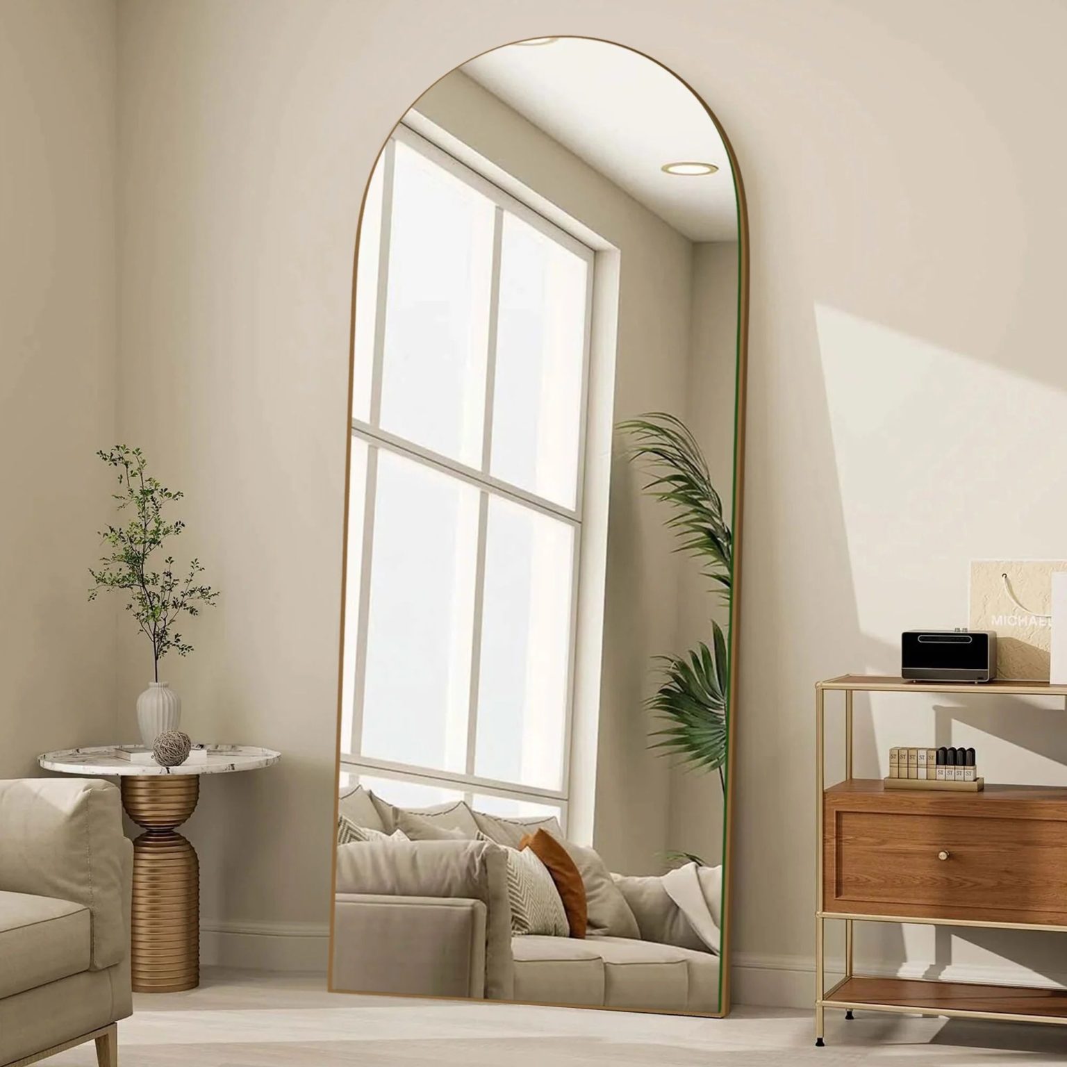 ZenVora Arched Full Length Wood Floor Mirror, Full Body Standing and Wall Mounted Mirror for Bedroom, Living Room and Home Decor